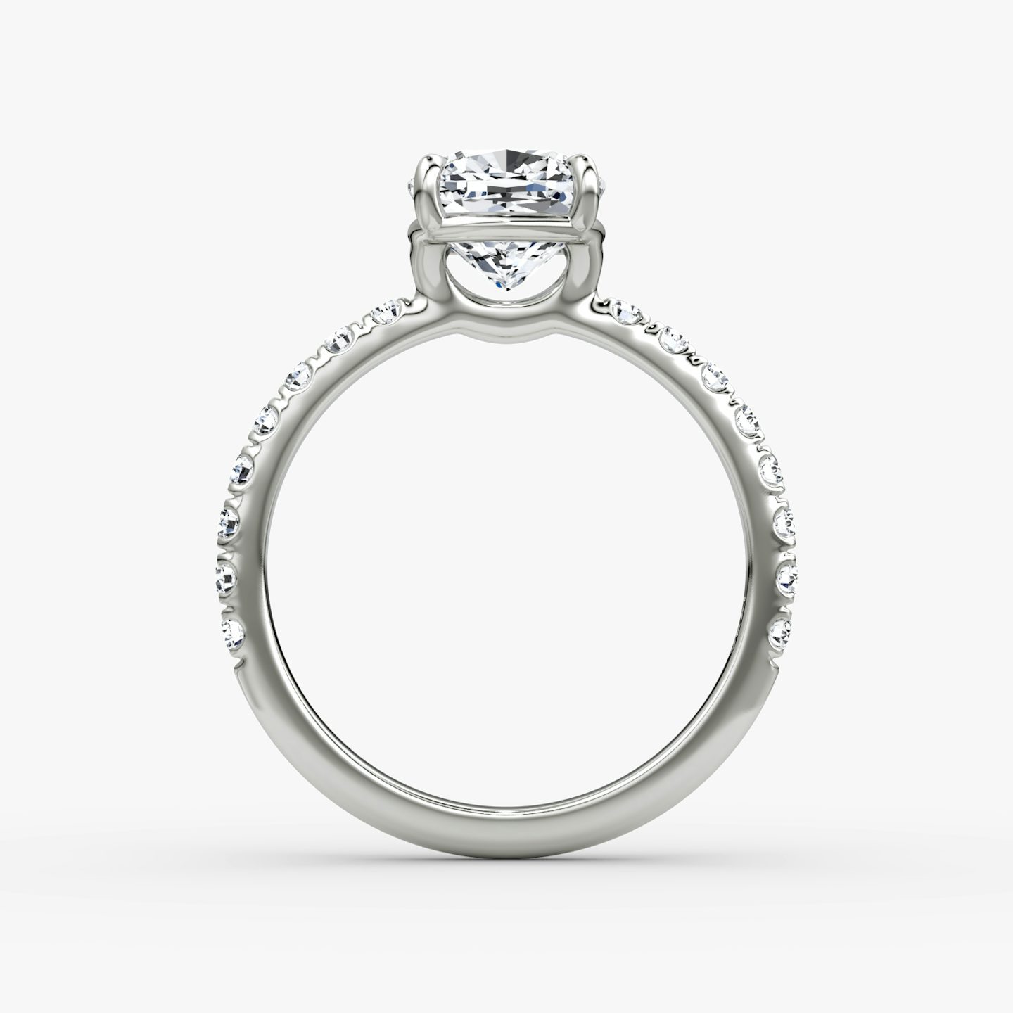 The Signature | Pavé Cushion | Platinum | Band: Pavé | Band width: Large | Setting style: Plain | Diamond orientation: vertical | Carat weight: See full inventory