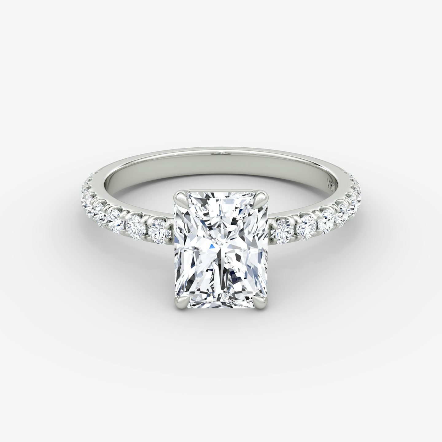 The Signature | Radiant | Platinum | Band: Pavé | Band width: Large | Setting style: Plain | Diamond orientation: vertical | Carat weight: See full inventory