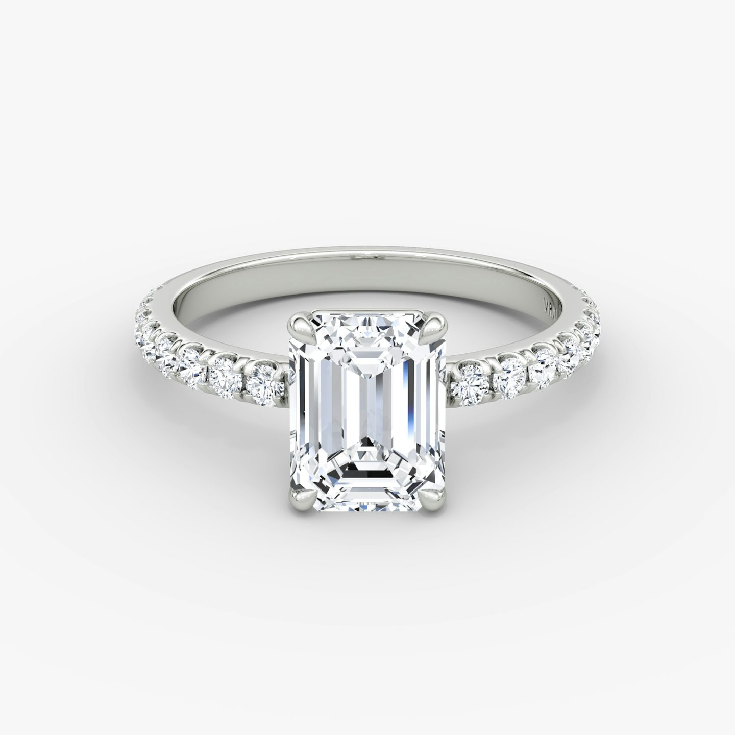 The Signature | Emerald | Platinum | Band: Pavé | Band width: Large | Setting style: Plain | Diamond orientation: vertical | Carat weight: See full inventory
