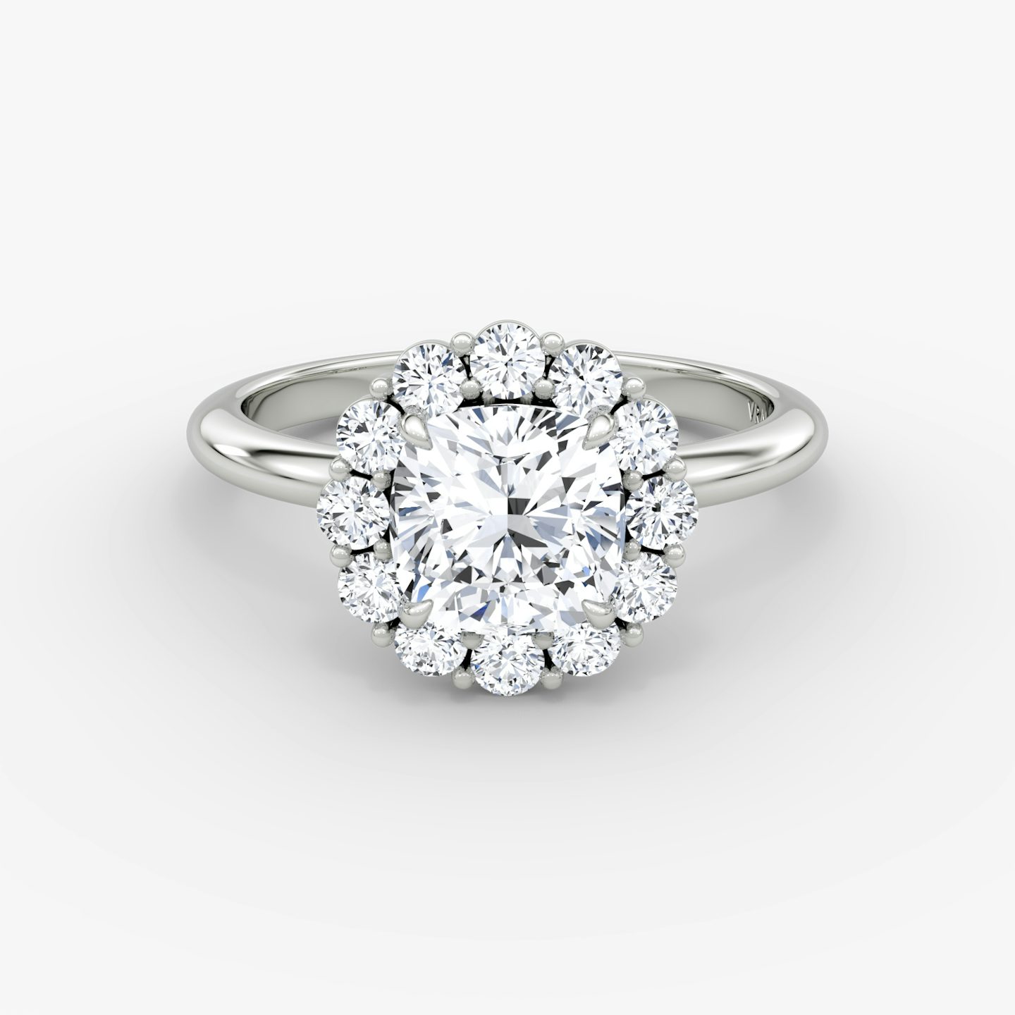 The Signature Floral Halo | Pavé Cushion | Platinum | Band: Plain | Diamond orientation: vertical | Carat weight: See full inventory