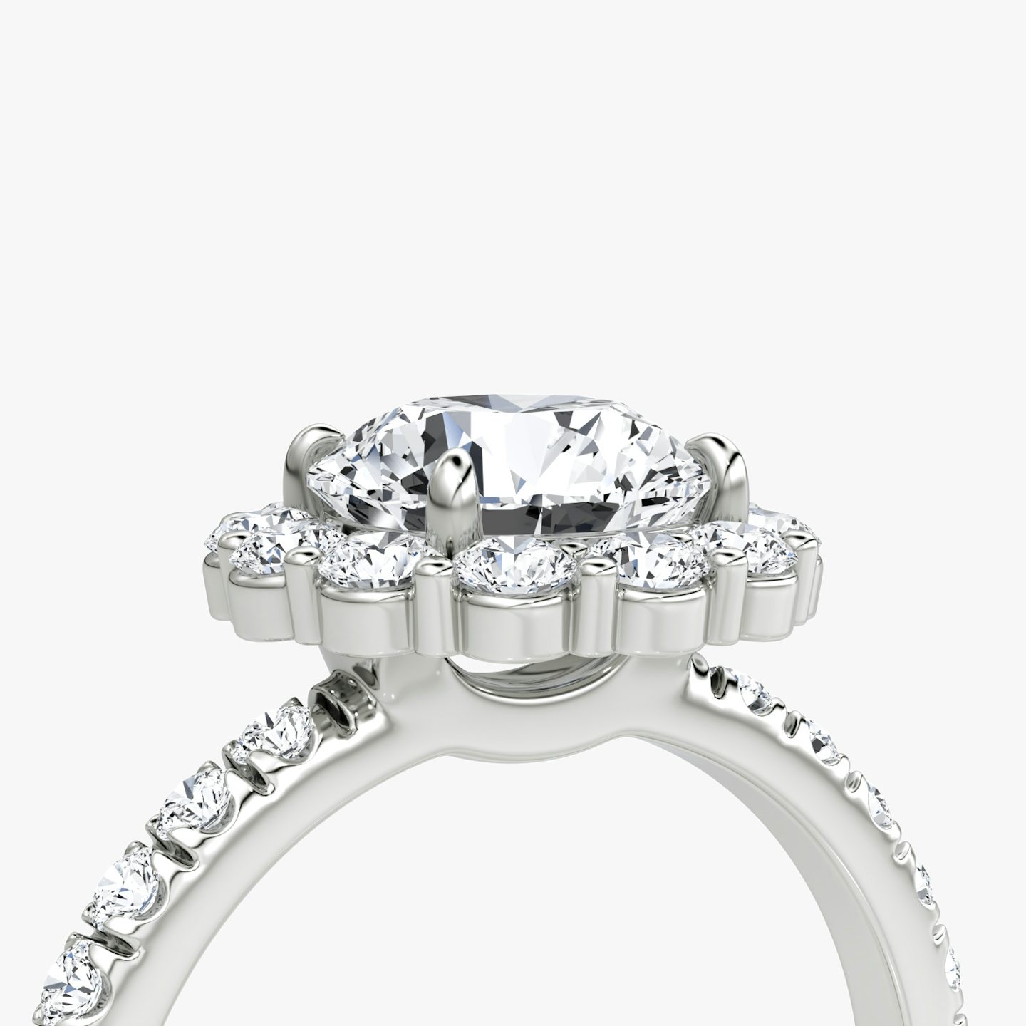 The Signature Floral Halo | Round Brilliant | Platinum | Band: Pavé | Carat weight: See full inventory | Diamond orientation: vertical