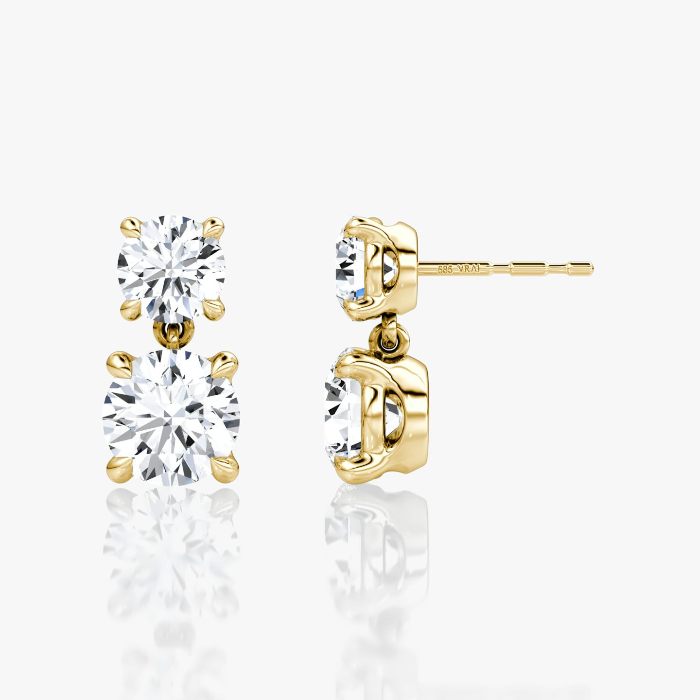Boucles d'oreilles pendantes Signature Duo | Rond brillant et Rond brillant | 14k | Or jaune 18 carats | Poids en carats: 1½