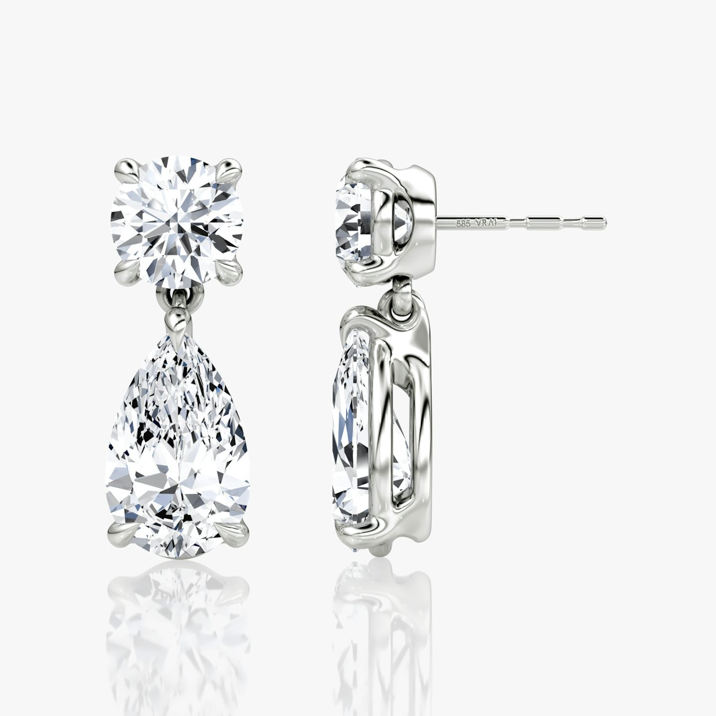 Boucles d'oreilles pendantes Signature Duo | Rond brillant et Poire | 14k | Or blanc 18 carats | Poids en carats: 3