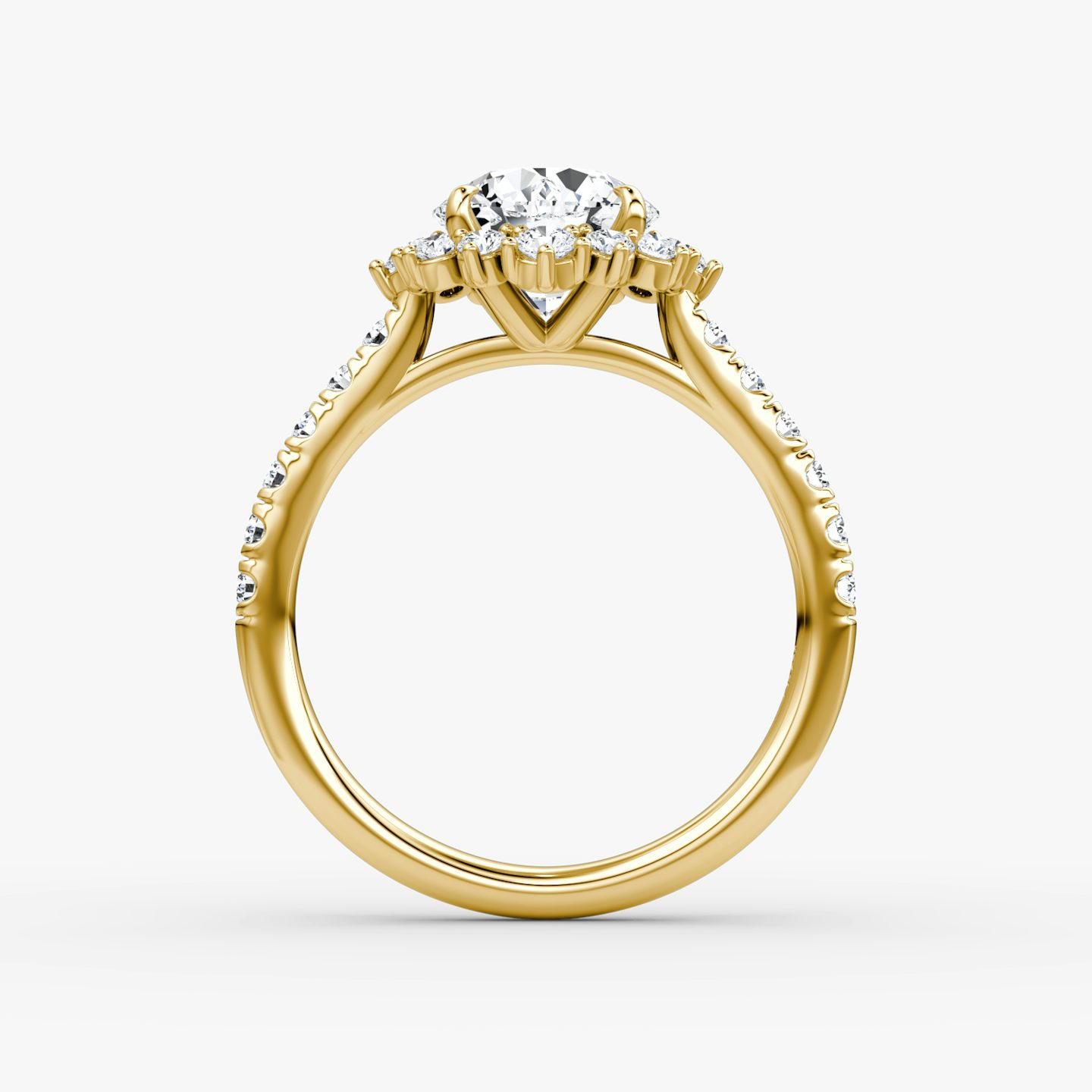The Aurora Halo | Round Brilliant | 18k | 18k Yellow Gold | Band: Pavé | Carat weight: See full inventory | Diamond orientation: vertical