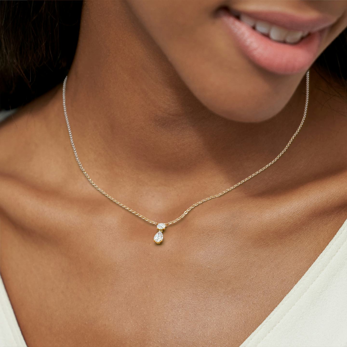 Signature Duo Drop Necklace | Round Brilliant and Pear | 14k | 18k Yellow Gold | Carat weight: 3/4