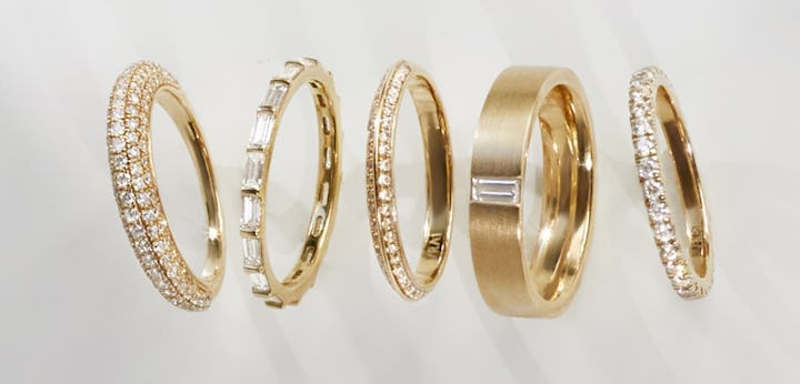 Five different types of rings including pave ring, signet ring and more