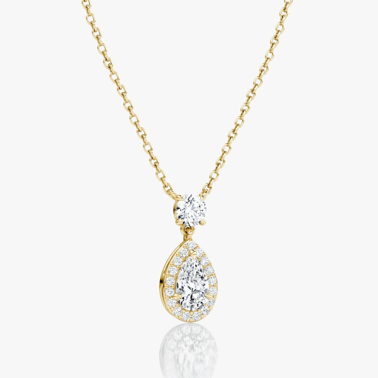 Signature Pear Drop Halo Necklace | Round Brilliant | 14k | 18k Yellow Gold | Chain length: 16-18