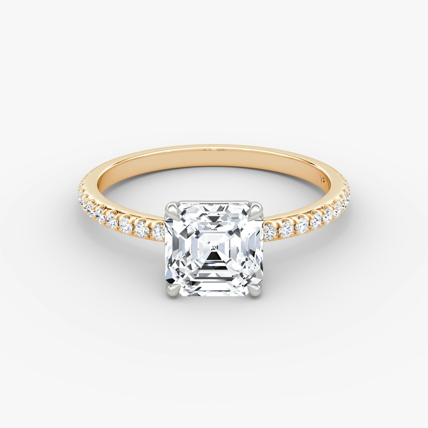 The Signature | Asscher | 14k | 14k Rose Gold and Platinum | Band width: Standard | Band: Pavé | Setting style: Plain | Diamond orientation: Horizontal | Carat weight: See full inventory