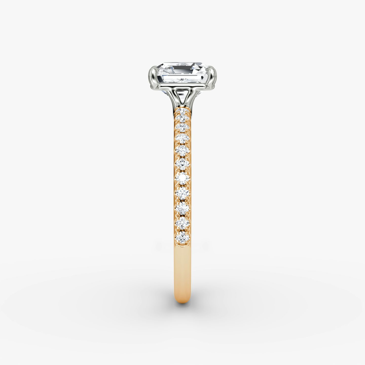 The Signature | Asscher | 14k | 14k Rose Gold and Platinum | Band width: Standard | Band: Pavé | Setting style: Plain | Diamond orientation: Horizontal | Carat weight: See full inventory