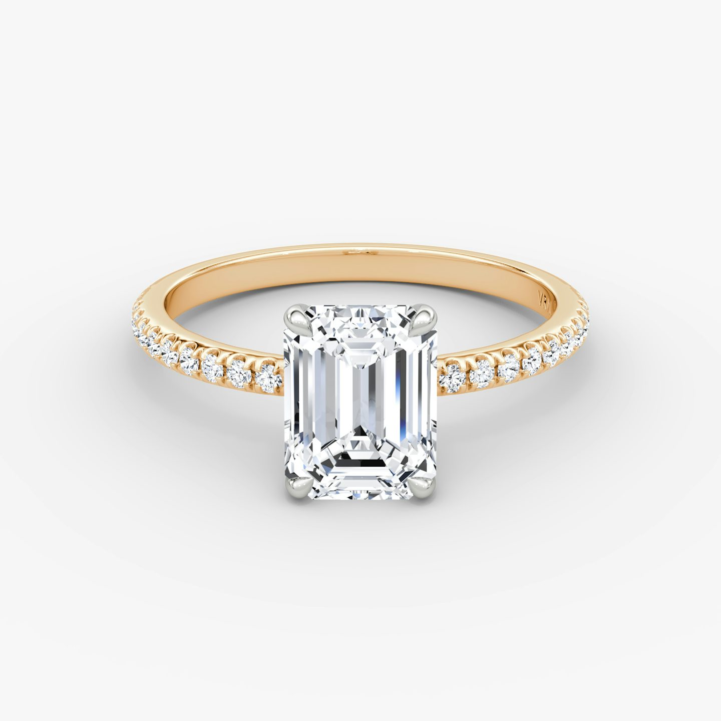 The Signature | Emerald | 14k | 14k Rose Gold and Platinum | Band: Pavé | Band width: Standard | Setting style: Plain | Diamond orientation: vertical | Carat weight: See full inventory