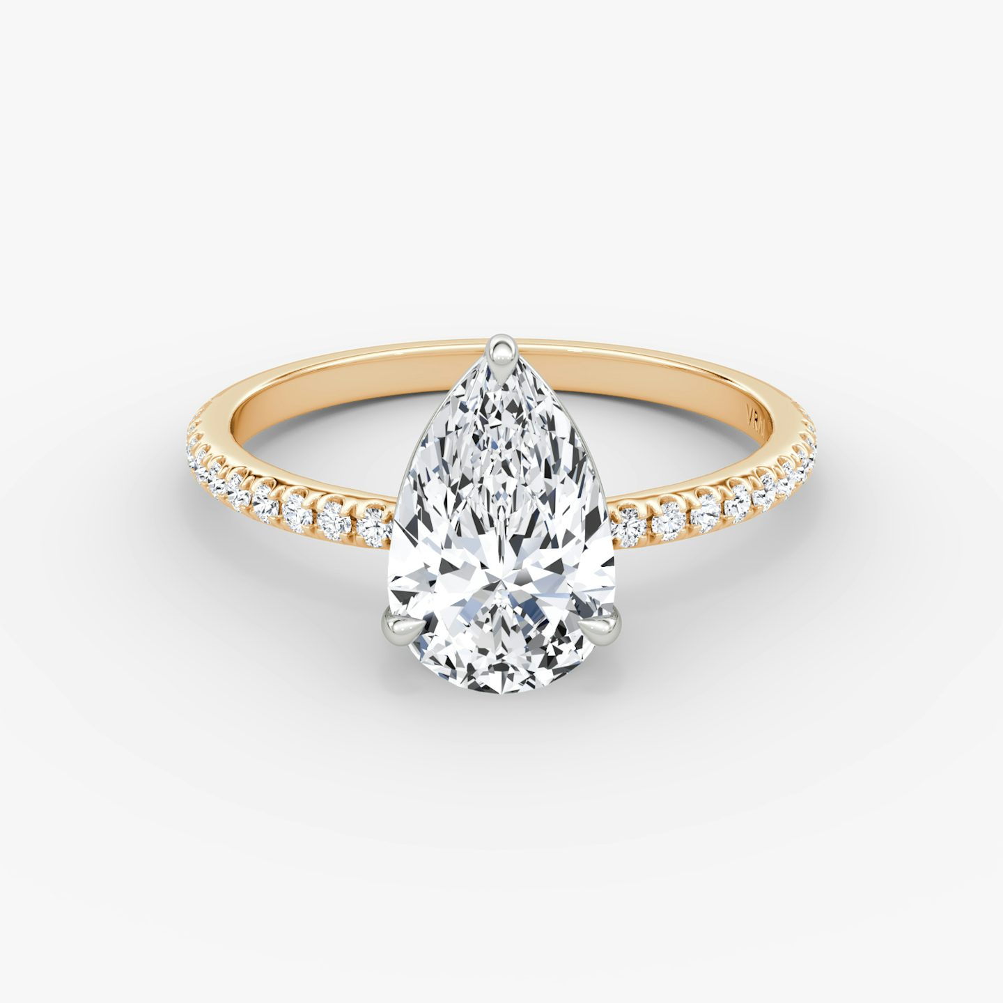 The Signature | Pear | 14k | 14k Rose Gold and Platinum | Band width: Standard | Band: Pavé | Setting style: Plain | Diamond orientation: vertical | Carat weight: See full inventory