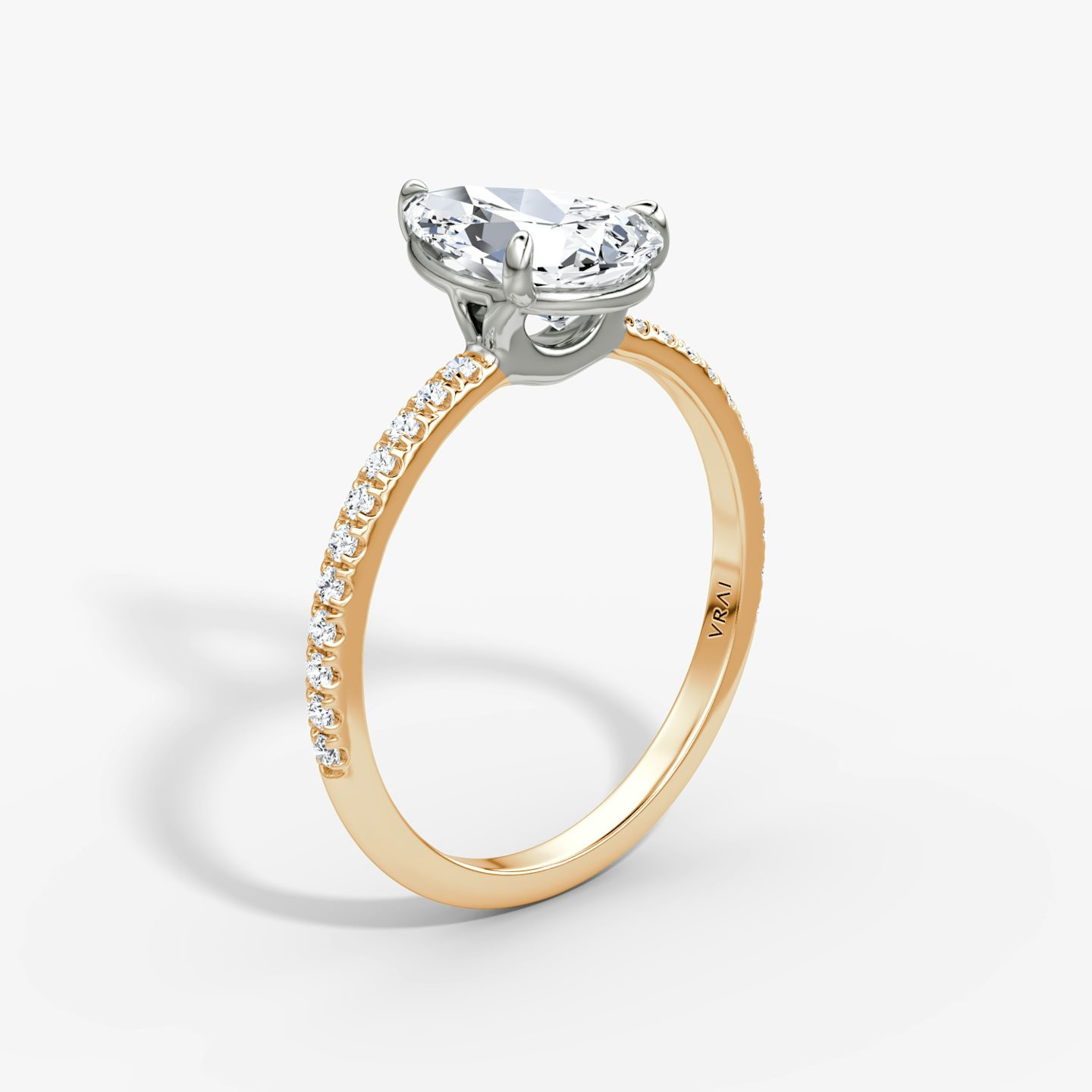 The Signature | Pear | 14k | 14k Rose Gold and Platinum | Band: Pavé | Band width: Standard | Setting style: Plain | Diamond orientation: vertical | Carat weight: See full inventory