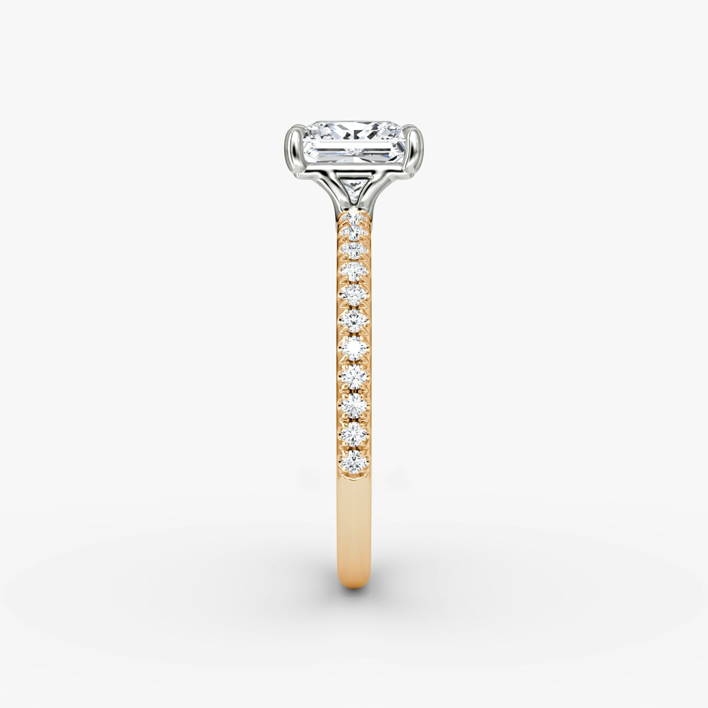 The Signature | Princess | 14k | 14k Rose Gold and Platinum | Band: Pavé | Band width: Standard | Setting style: Plain | Diamond orientation: vertical | Carat weight: See full inventory