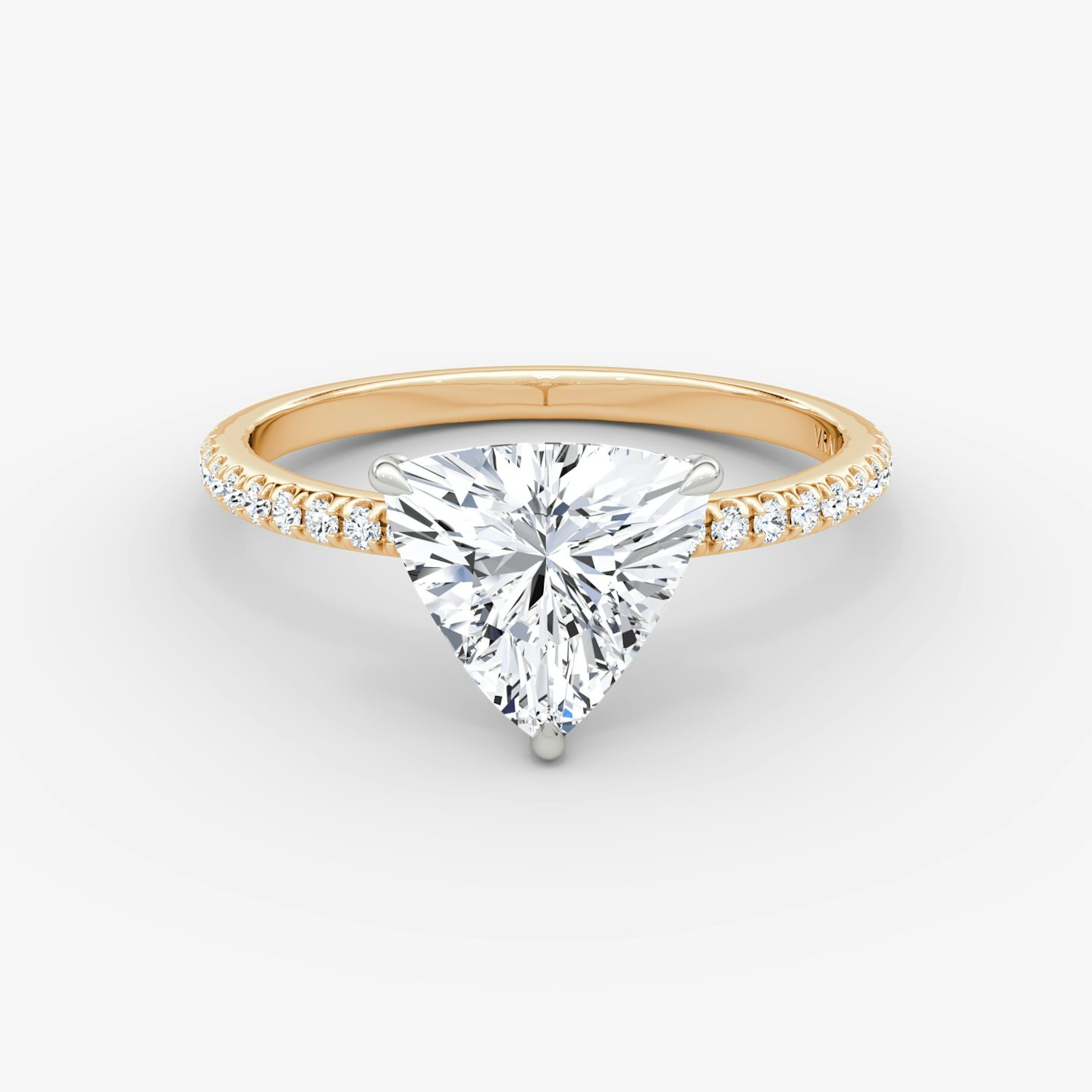 The Signature | Trillion | 14k | 14k Rose Gold and Platinum | Band width: Standard | Band: Pavé | Setting style: Plain | Diamond orientation: Horizontal | Carat weight: See full inventory