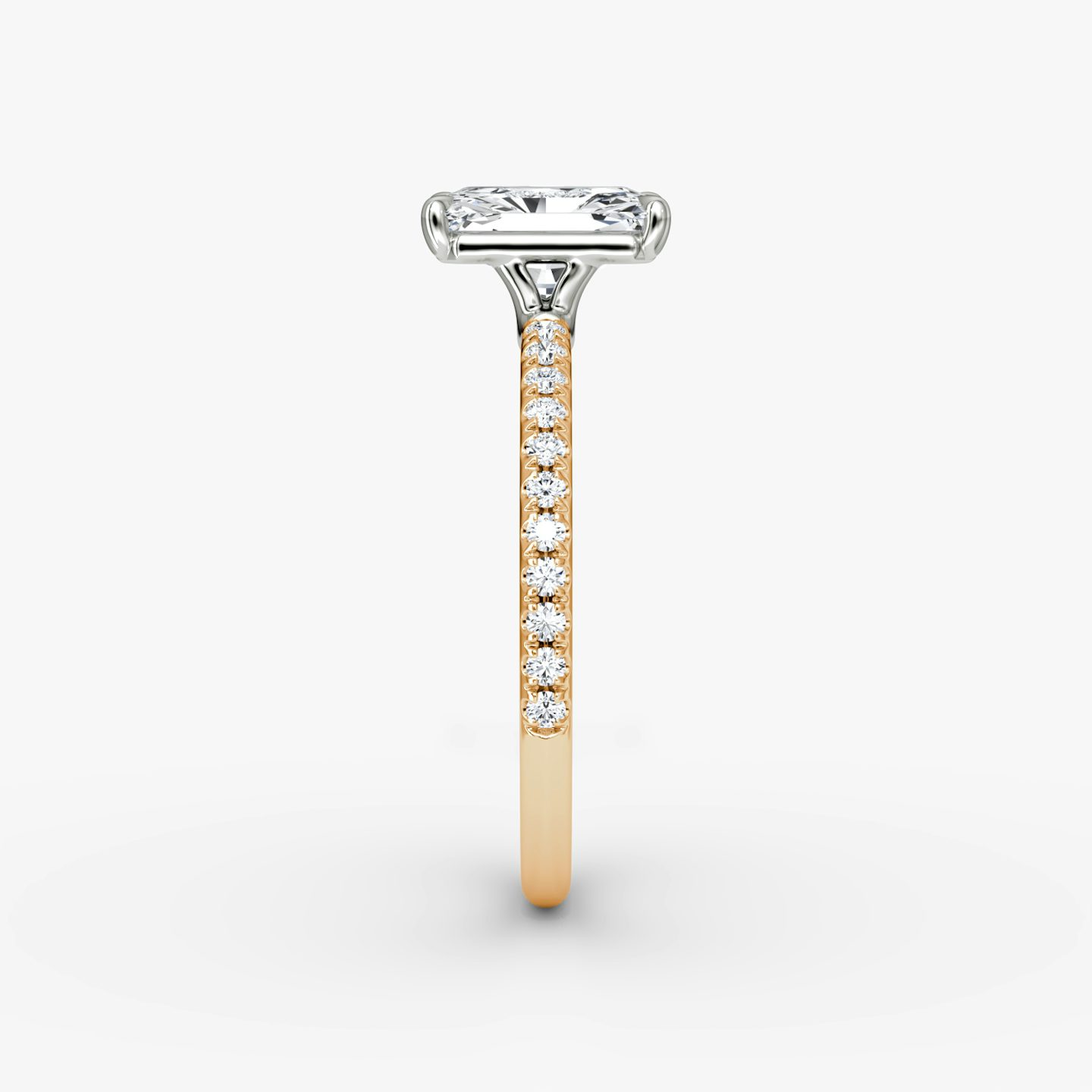 The Signature | Radiant | 14k | 14k Rose Gold and Platinum | Band width: Standard | Band: Pavé | Setting style: Plain | Diamond orientation: vertical | Carat weight: See full inventory
