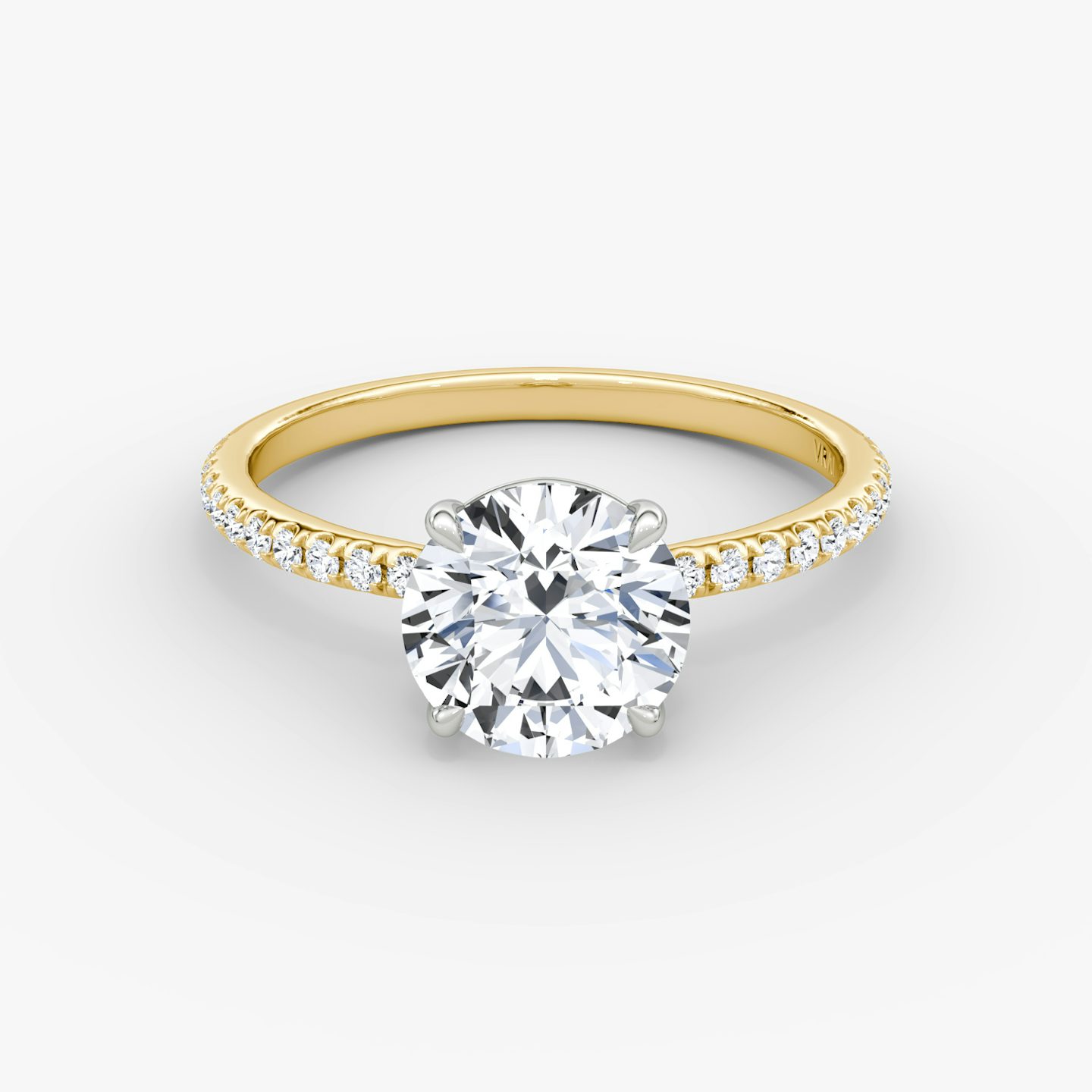The Signature | Round Brilliant | 18k | 18k Yellow Gold and Platinum | Band width: Standard | Band: Pavé | Setting style: Plain | Carat weight: See full inventory | Diamond orientation: vertical