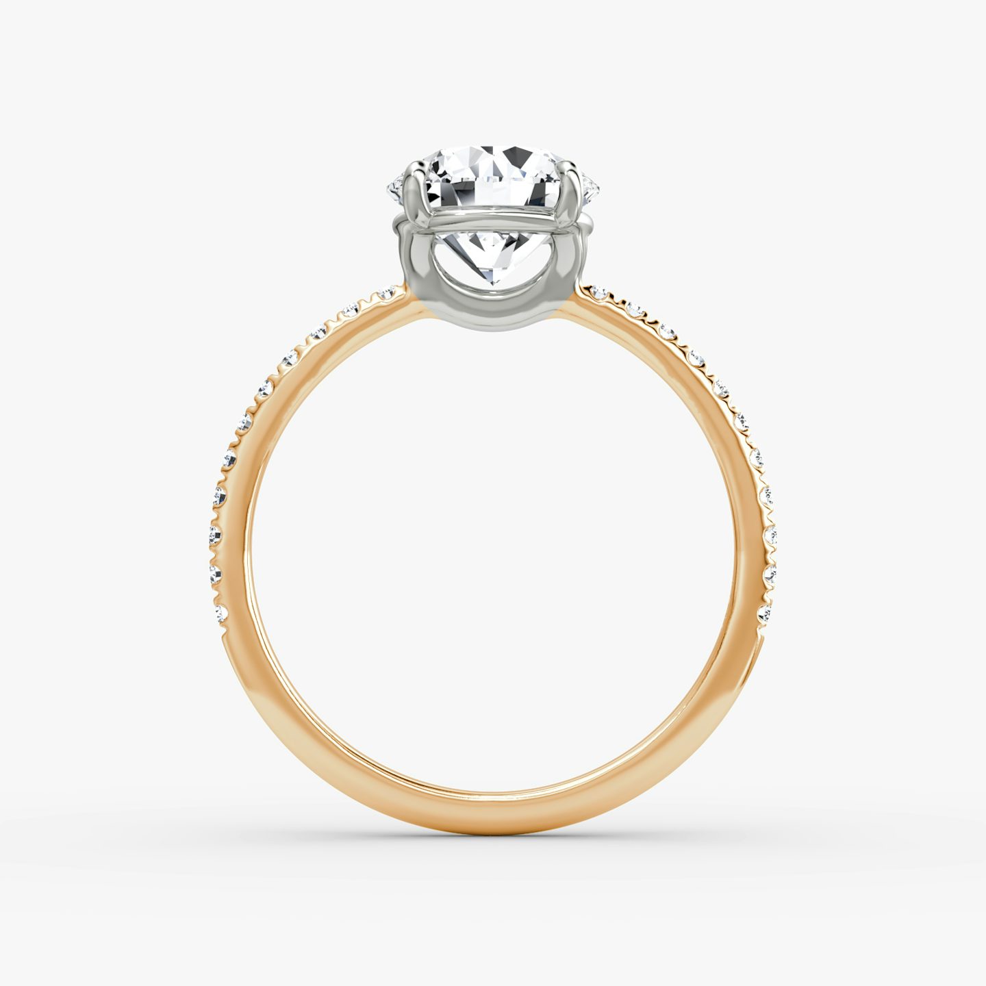 The Signature | Round Brilliant | 14k | 14k Rose Gold and Platinum | Band width: Standard | Band: Pavé | Setting style: Plain | Carat weight: See full inventory | Diamond orientation: vertical