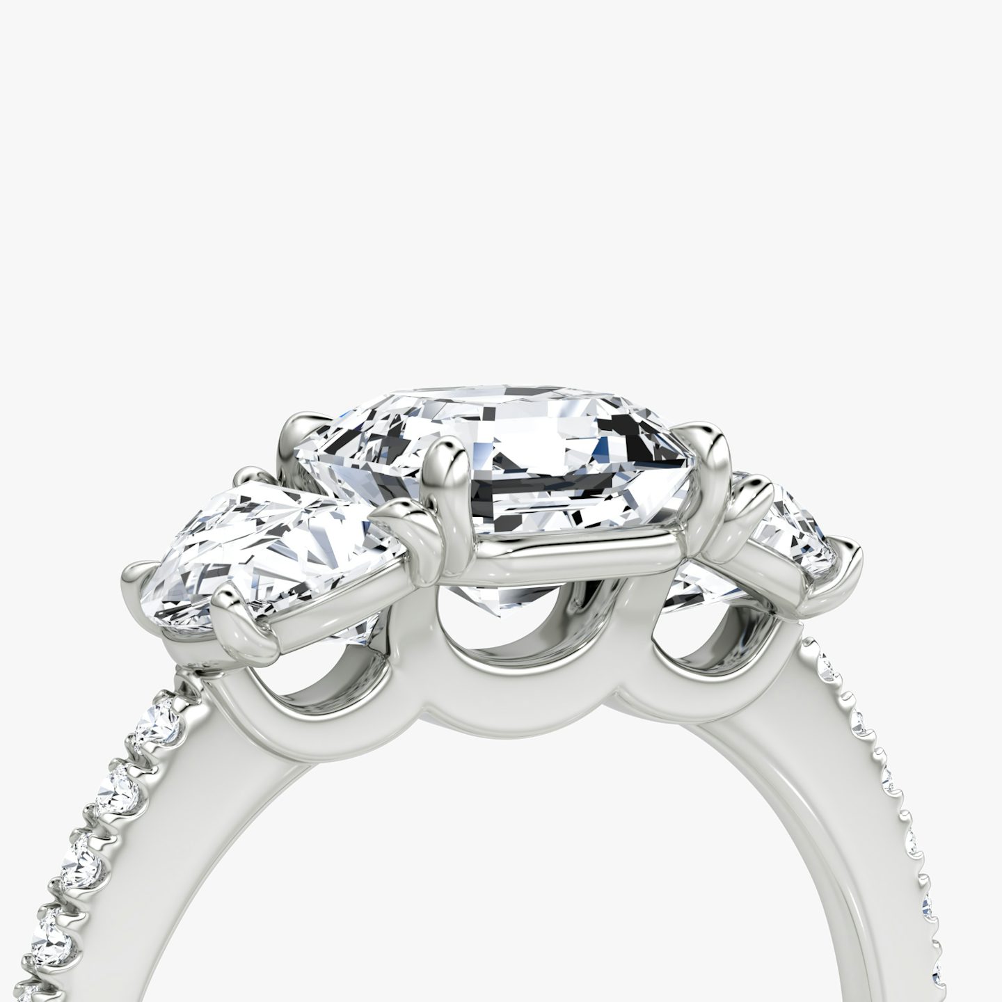 The Three Stone | Asscher | 18k | 18k White Gold | Band: Pavé | Side stone carat: 1/2 | Side stone shape: Half Moon | Diamond orientation: vertical | Carat weight: See full inventory