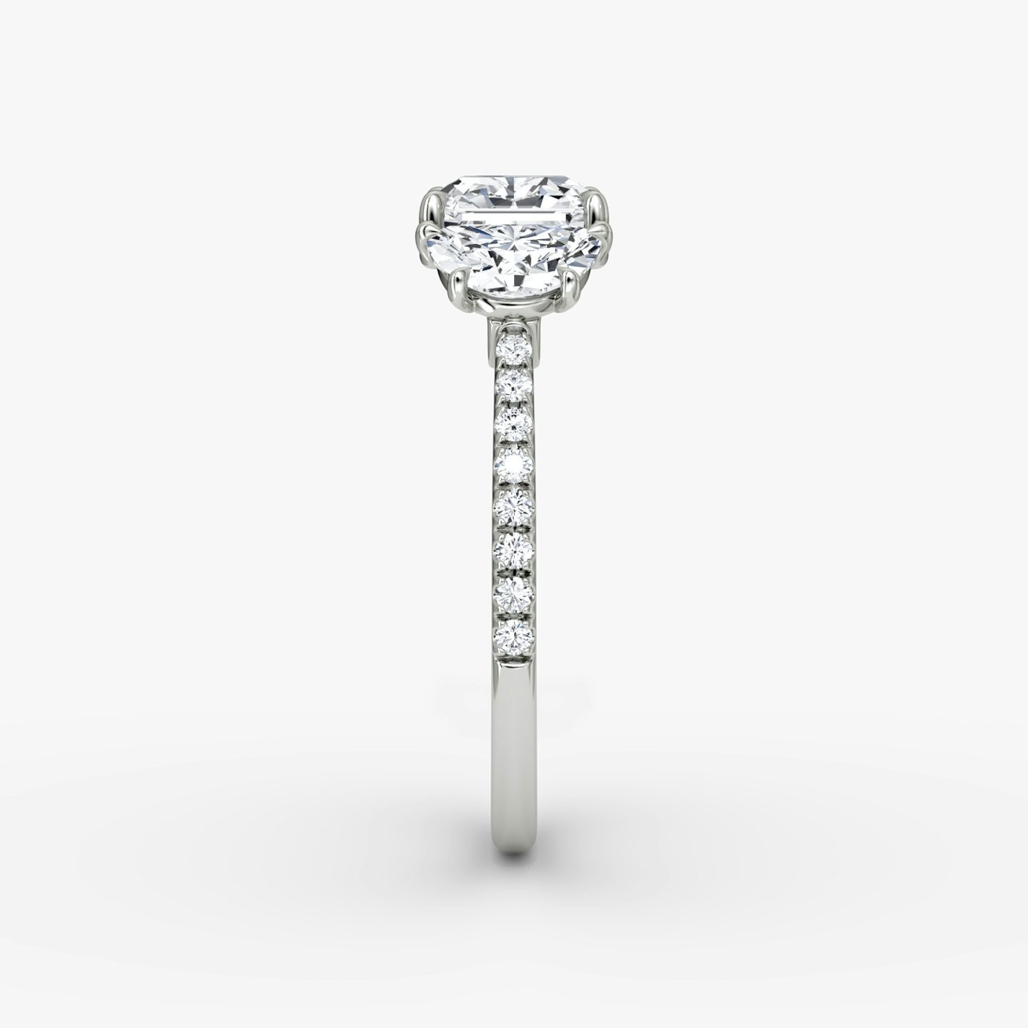 The Three Stone | Asscher | 18k | 18k White Gold | Band: Pavé | Side stone carat: 1/2 | Side stone shape: Half Moon | Diamond orientation: vertical | Carat weight: See full inventory
