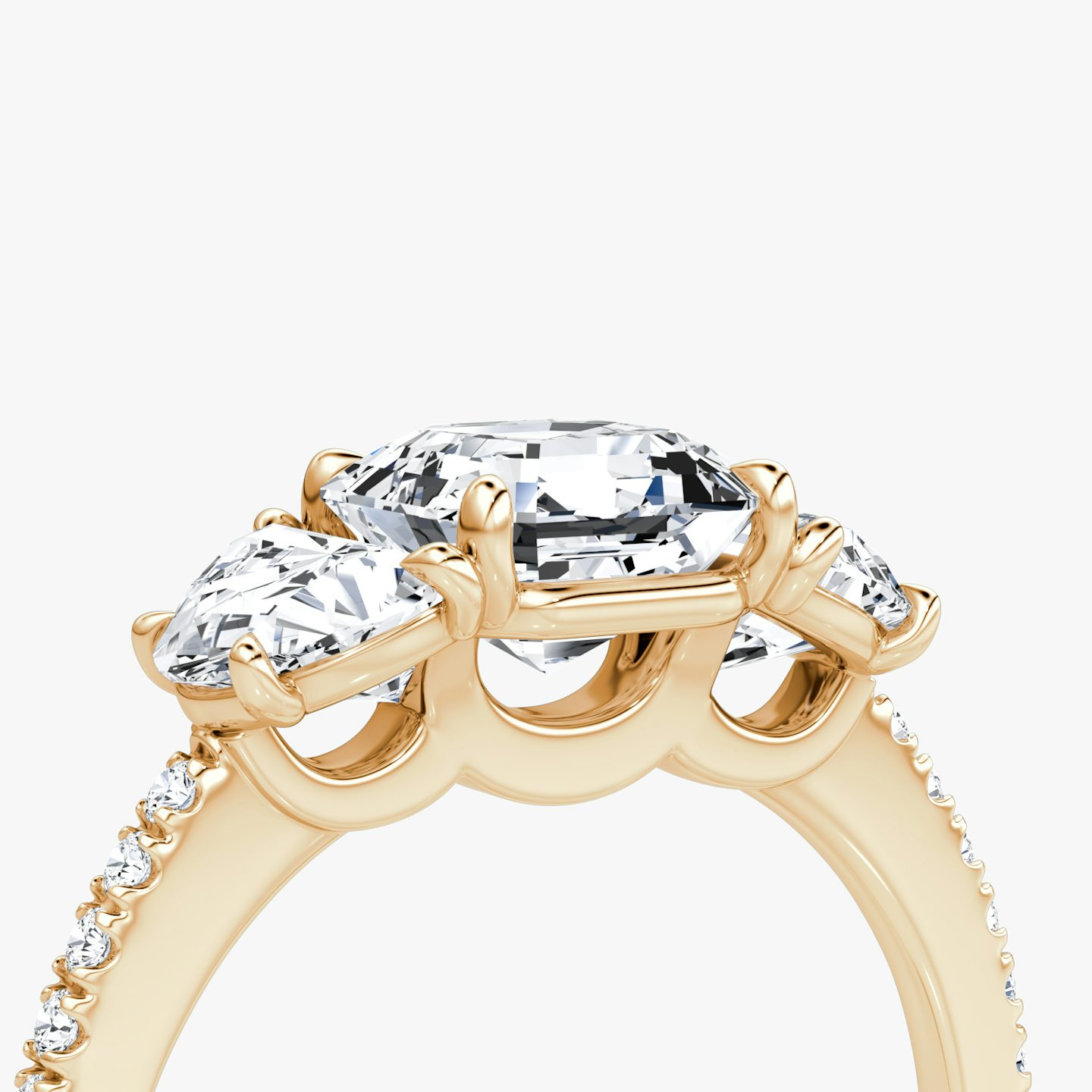 The Three Stone | Asscher | 14k | 14k Rose Gold | Band: Pavé | Side stone carat: 1/2 | Side stone shape: Half Moon | Diamond orientation: vertical | Carat weight: See full inventory