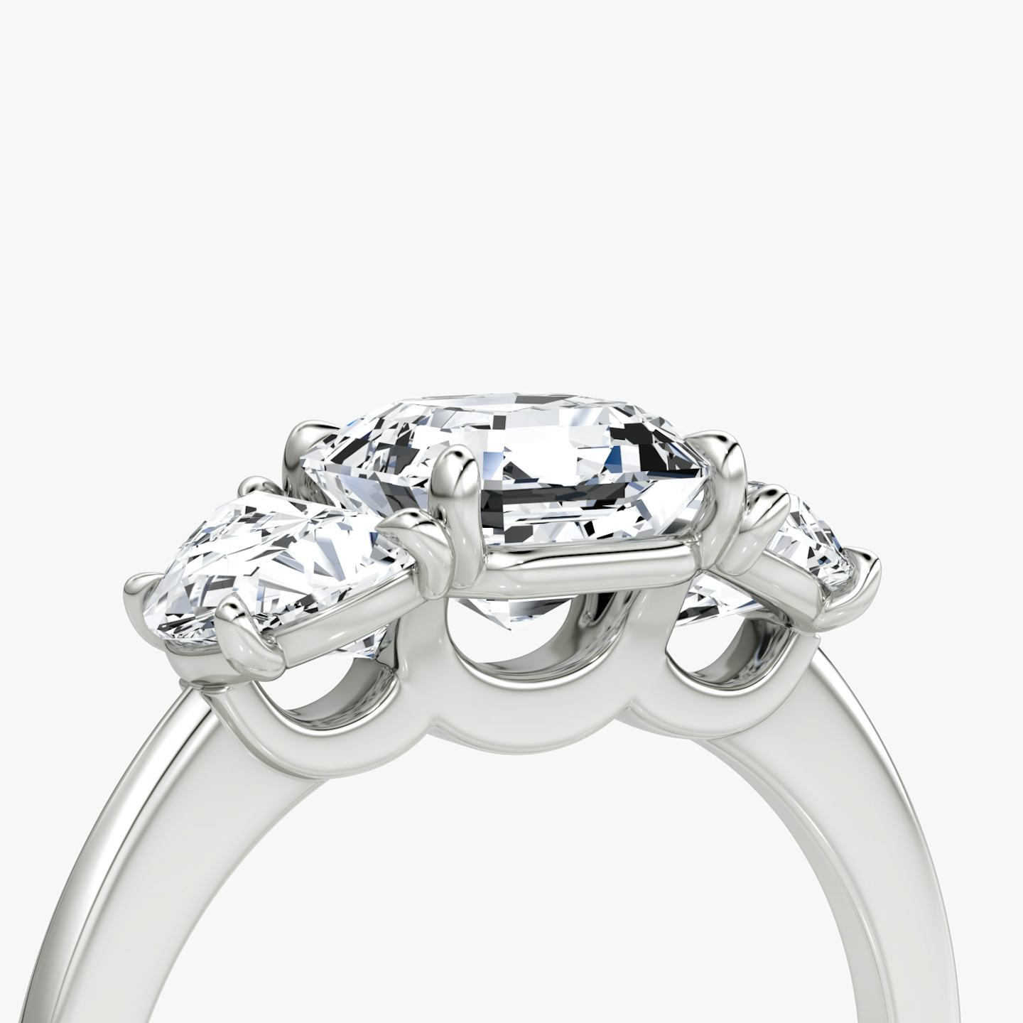 The Three Stone | Asscher | 18k | 18k White Gold | Band: Plain | Side stone carat: 1/2 | Side stone shape: Half Moon | Diamond orientation: vertical | Carat weight: See full inventory