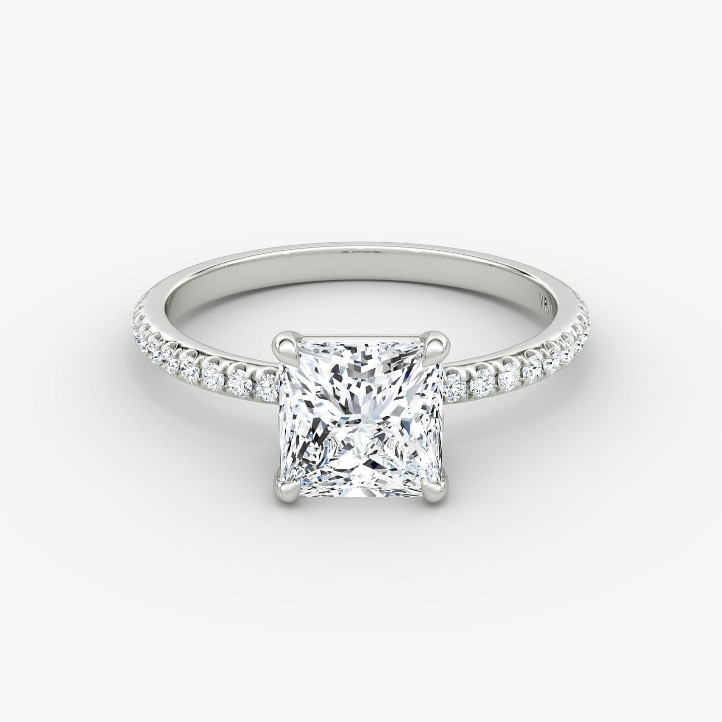 The Signature | Princess | Platinum | Band width: Standard | Band: Pavé | Setting style: Plain | Diamond orientation: vertical | Carat weight: See full inventory