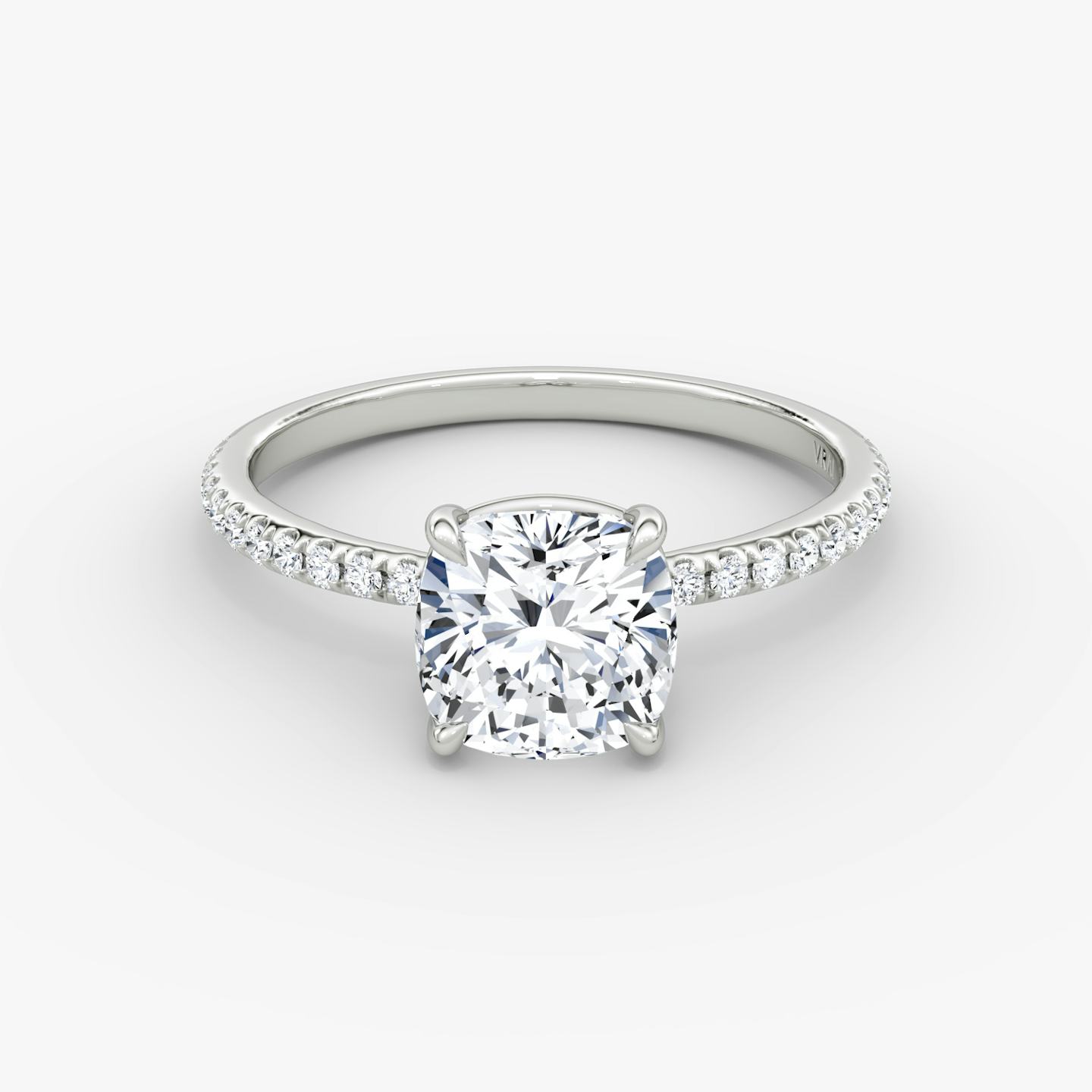 The Signature | Pavé Cushion | Platinum | Band width: Standard | Band: Pavé | Setting style: Plain | Diamond orientation: vertical | Carat weight: See full inventory