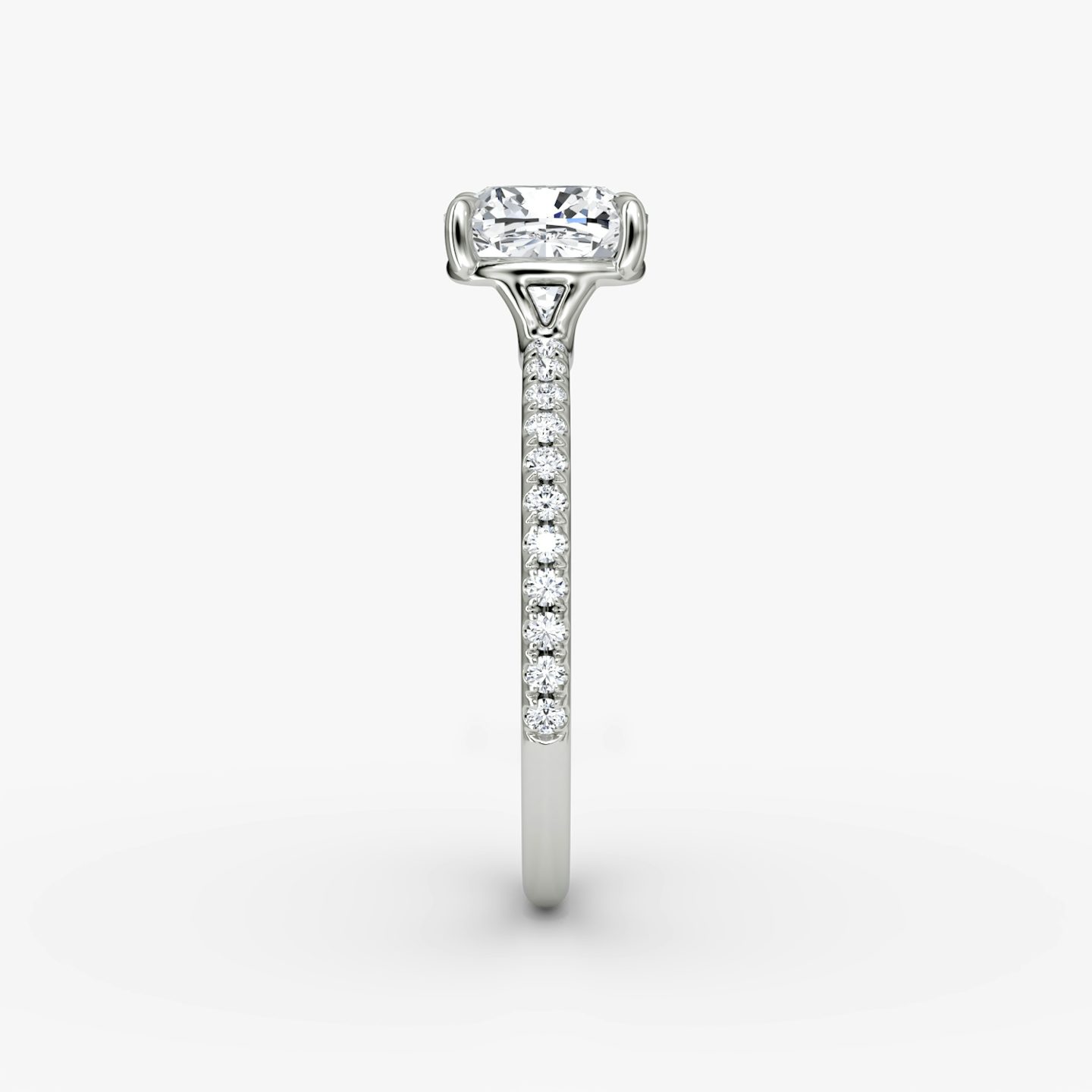 The Signature | Pavé Cushion | Platinum | Band: Pavé | Band width: Standard | Setting style: Plain | Diamond orientation: vertical | Carat weight: See full inventory