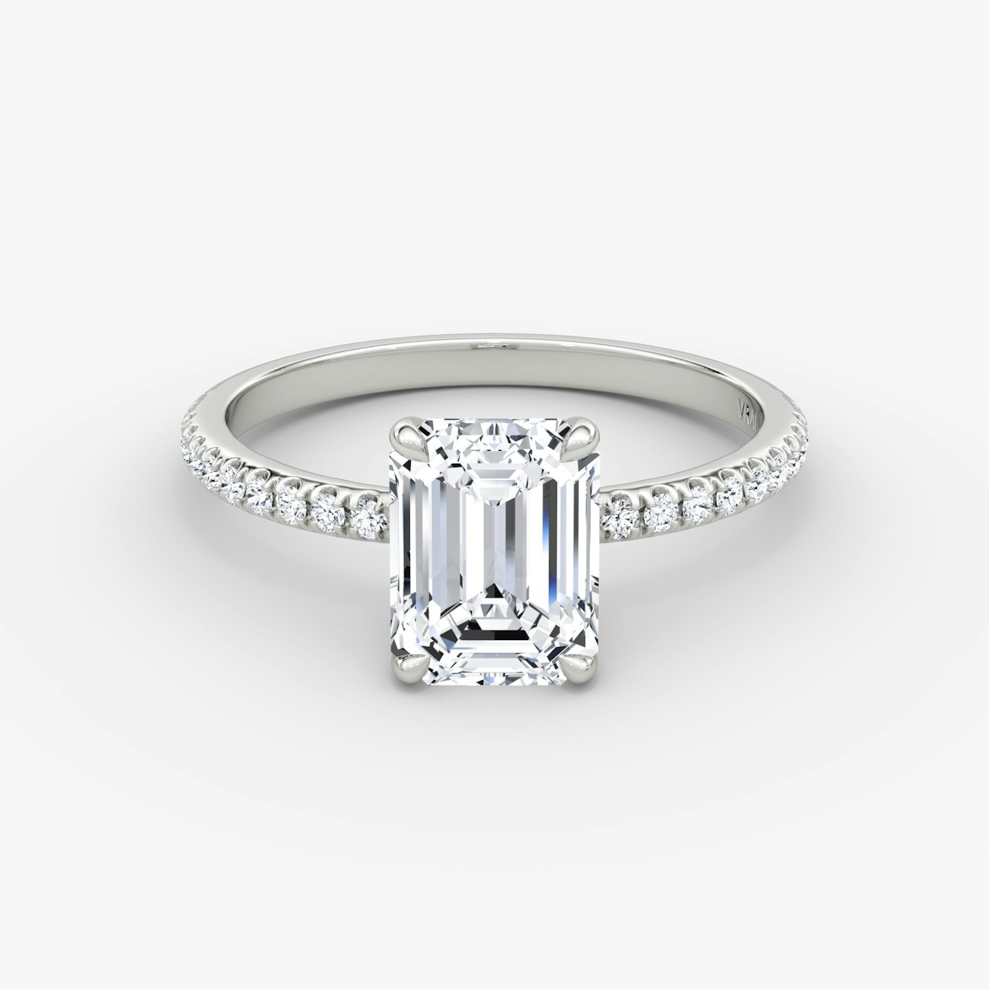 The Signature | Emerald | Platinum | Band: Pavé | Band width: Standard | Setting style: Plain | Diamond orientation: vertical | Carat weight: See full inventory