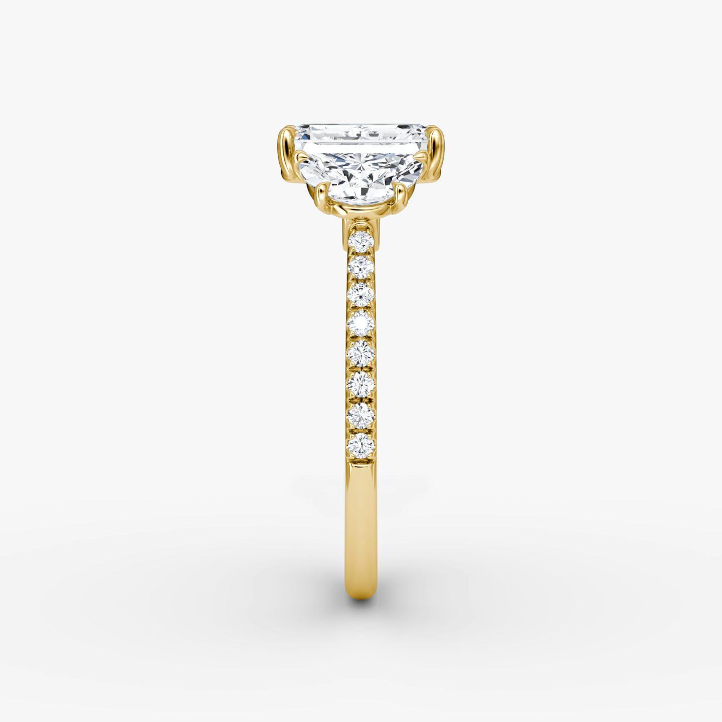 The Three Stone | Emerald | 18k | 18k Yellow Gold | Band: Pavé | Side stone carat: 1/2 | Side stone shape: Half Moon | Diamond orientation: vertical | Carat weight: See full inventory