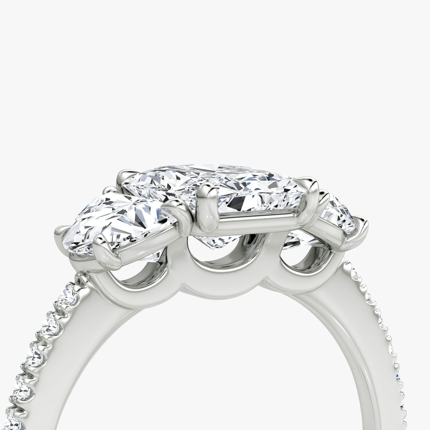 The Three Stone | Radiant | 18k | 18k White Gold | Band: Pavé | Side stone carat: 1/2 | Side stone shape: Half Moon | Diamond orientation: vertical | Carat weight: See full inventory