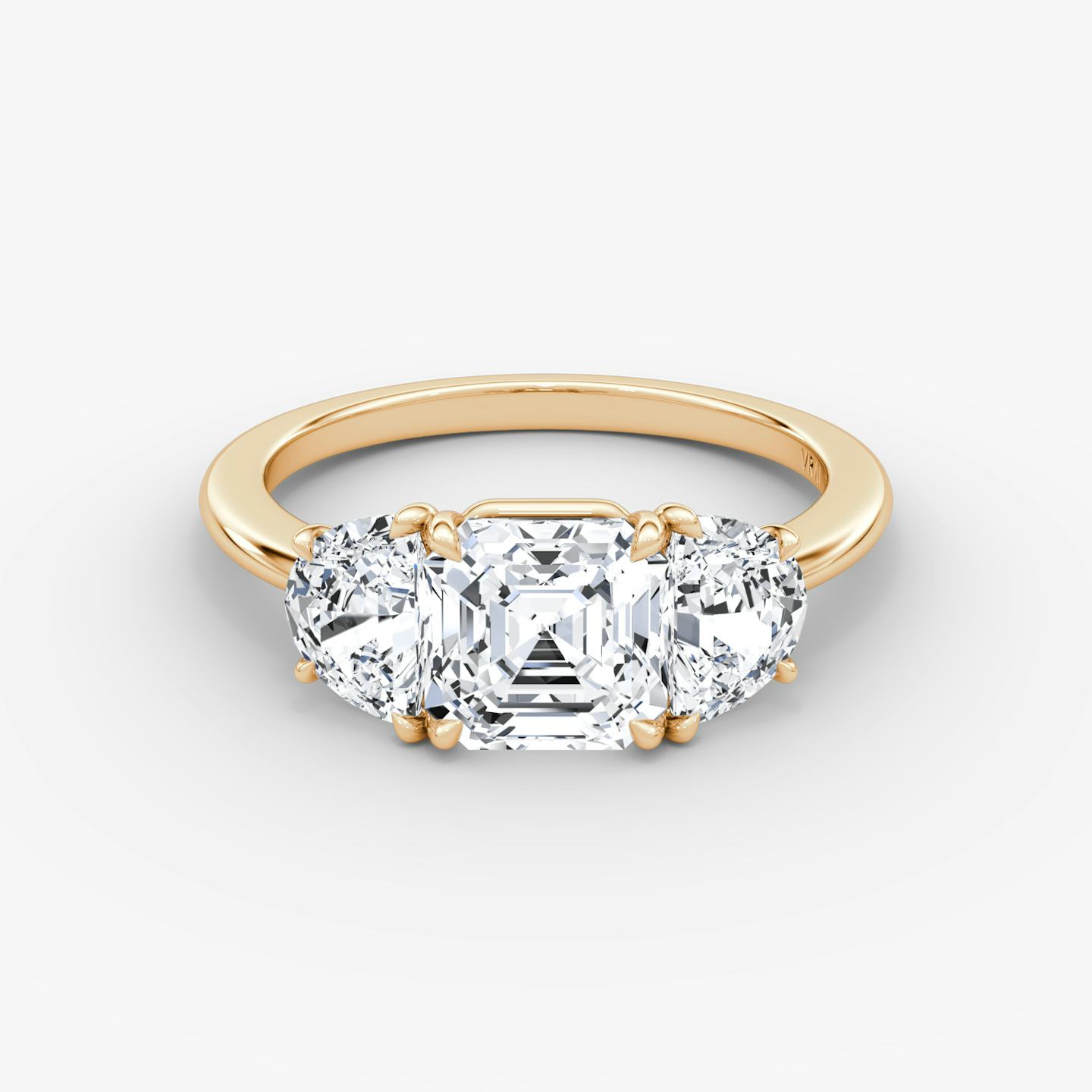 The Three Stone | Asscher | 14k | 14k Rose Gold | Band: Plain | Side stone carat: 1/2 | Side stone shape: Half Moon | Diamond orientation: vertical | Carat weight: See full inventory