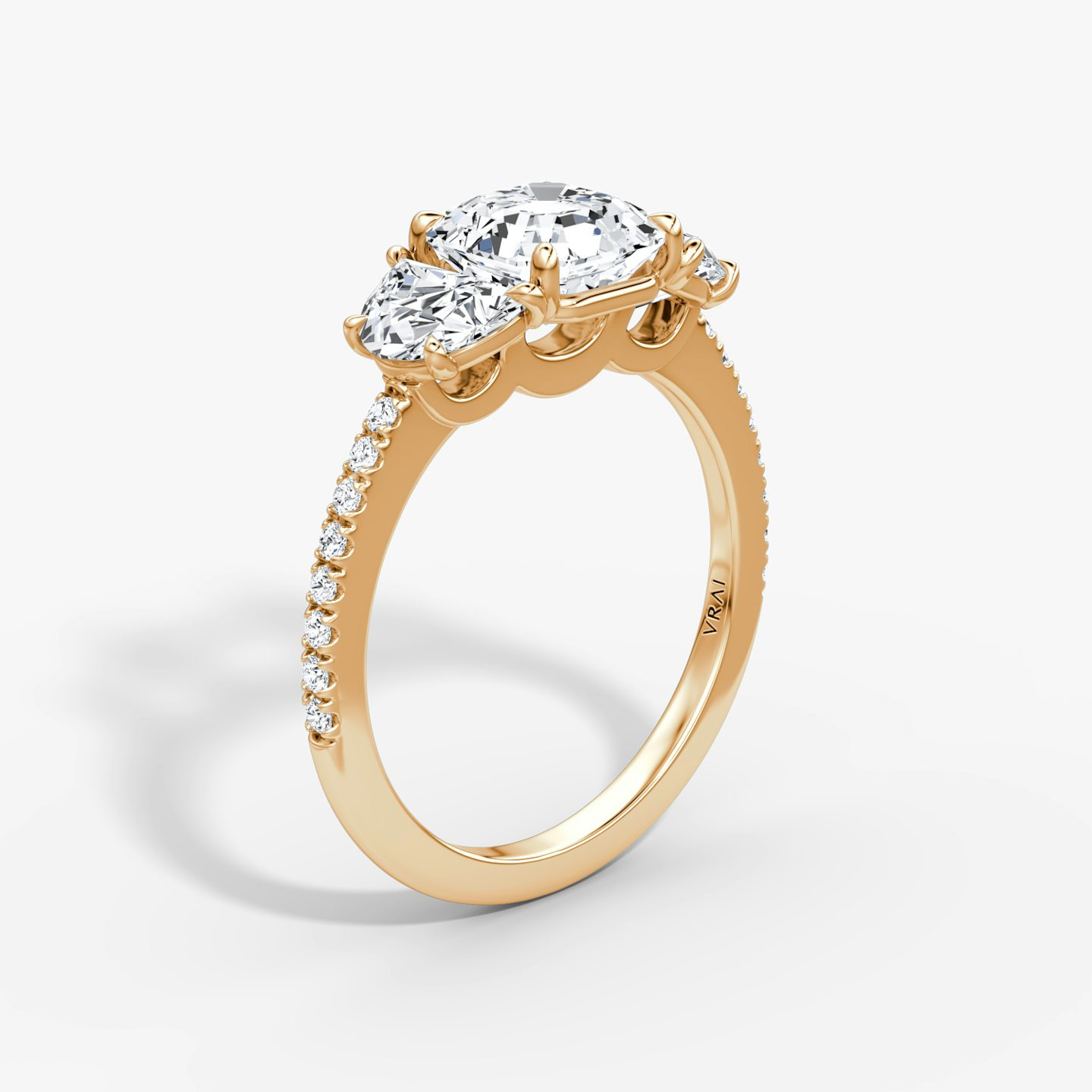 The Three Stone | Asscher | 14k | 14k Rose Gold | Band: Pavé | Side stone carat: 1/2 | Side stone shape: Half Moon | Diamond orientation: vertical | Carat weight: See full inventory