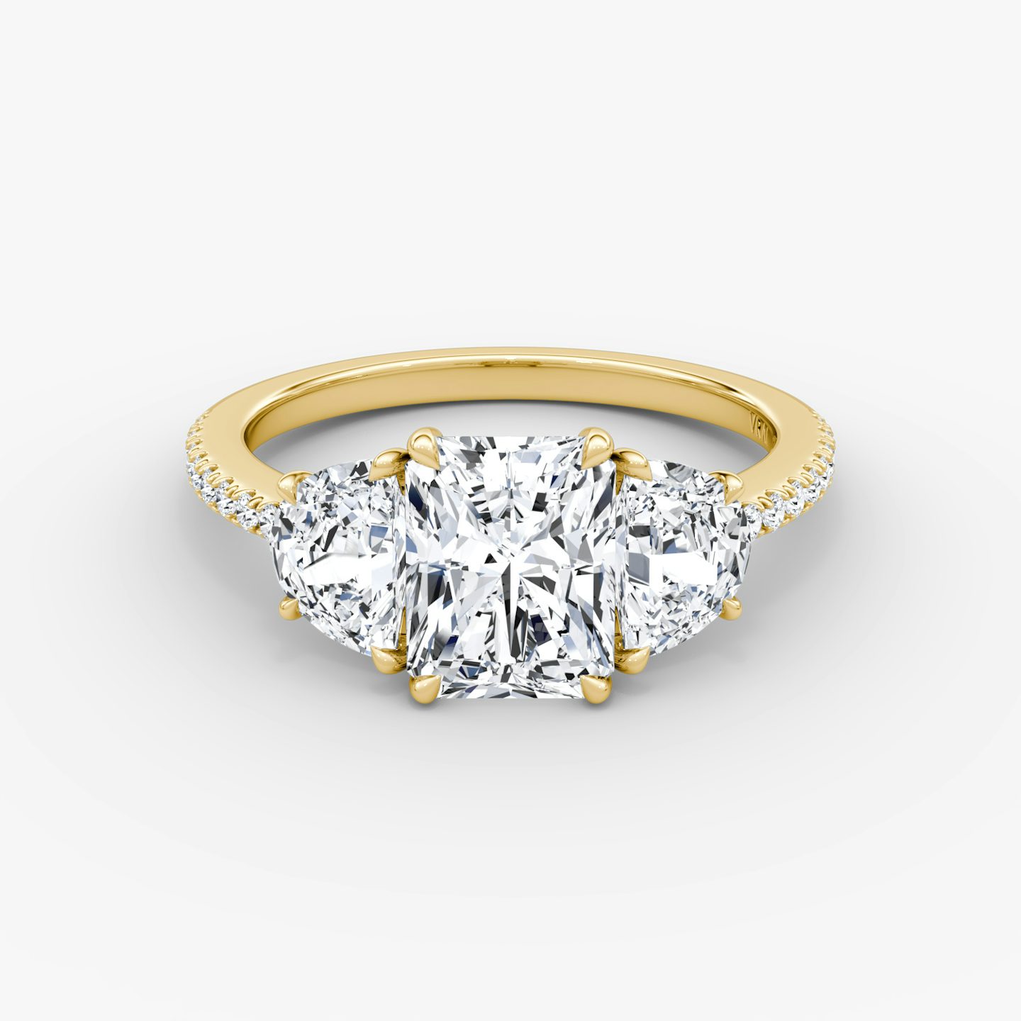 The Three Stone | Radiant | 18k | 18k Yellow Gold | Band: Pavé | Side stone carat: 1/2 | Side stone shape: Half Moon | Diamond orientation: vertical | Carat weight: See full inventory