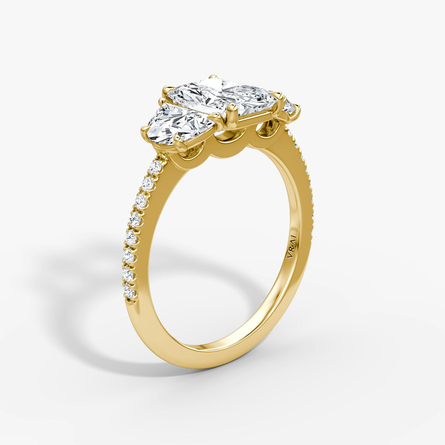 The Three Stone | Radiant | 18k | 18k Yellow Gold | Band: Pavé | Side stone carat: 1/2 | Side stone shape: Half Moon | Diamond orientation: vertical | Carat weight: See full inventory