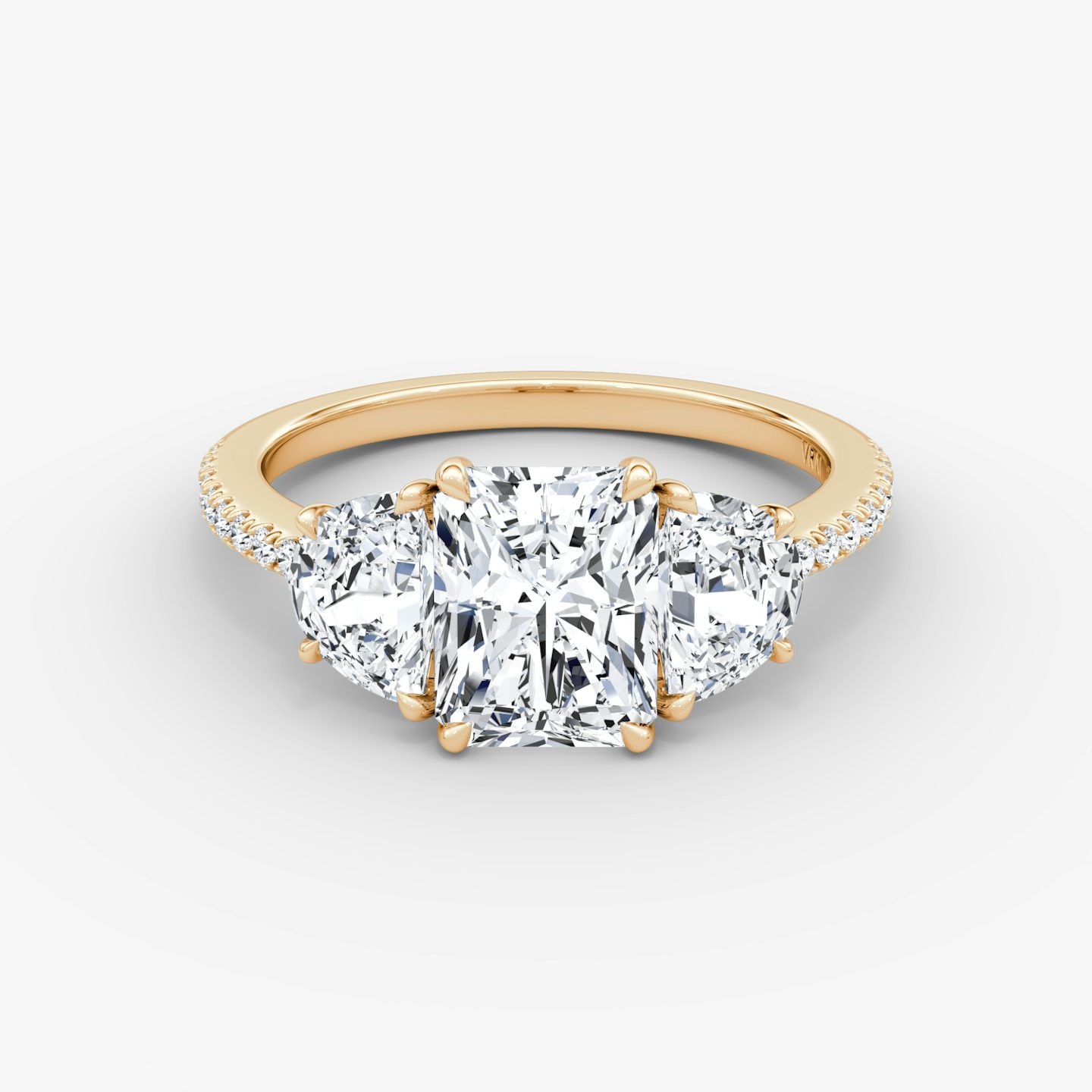 The Three Stone | Radiant | 14k | 14k Rose Gold | Band: Pavé | Side stone carat: 1/2 | Side stone shape: Half Moon | Diamond orientation: vertical | Carat weight: See full inventory