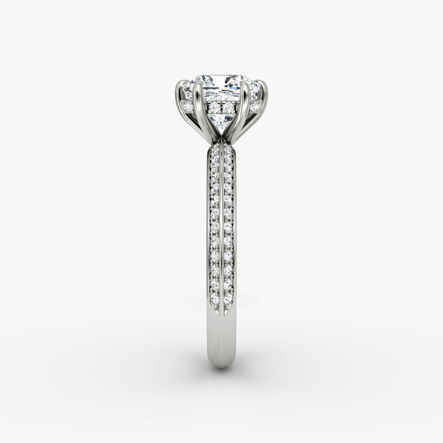 The Knife-Edge | Pavé Cushion | 18k | 18k White Gold | Band: Pavé | Setting style: Hidden Halo | Diamond orientation: vertical | Carat weight: See full inventory