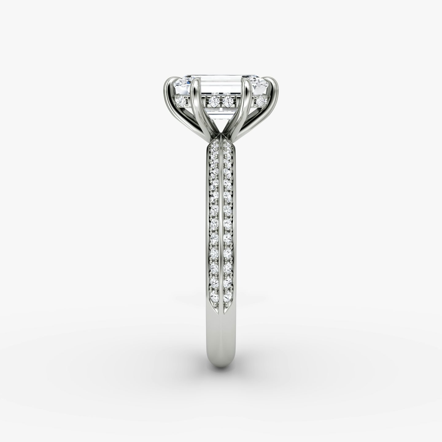The Knife-Edge | Emerald | 18k | 18k White Gold | Band: Pavé | Setting style: Hidden Halo | Diamond orientation: vertical | Carat weight: See full inventory