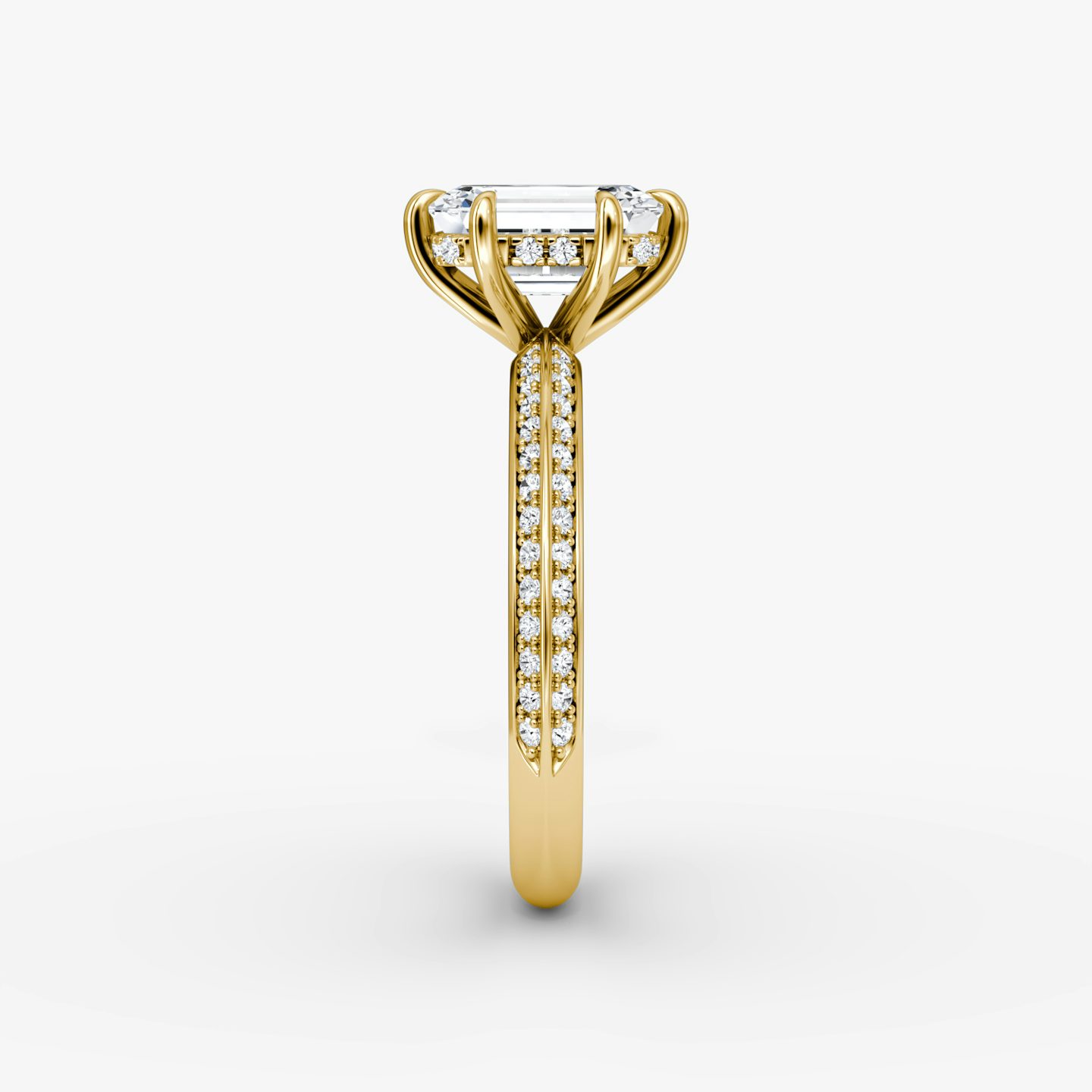 The Knife-Edge | Emerald | 18k | 18k Yellow Gold | Band: Pavé | Setting style: Hidden Halo | Diamond orientation: vertical | Carat weight: See full inventory