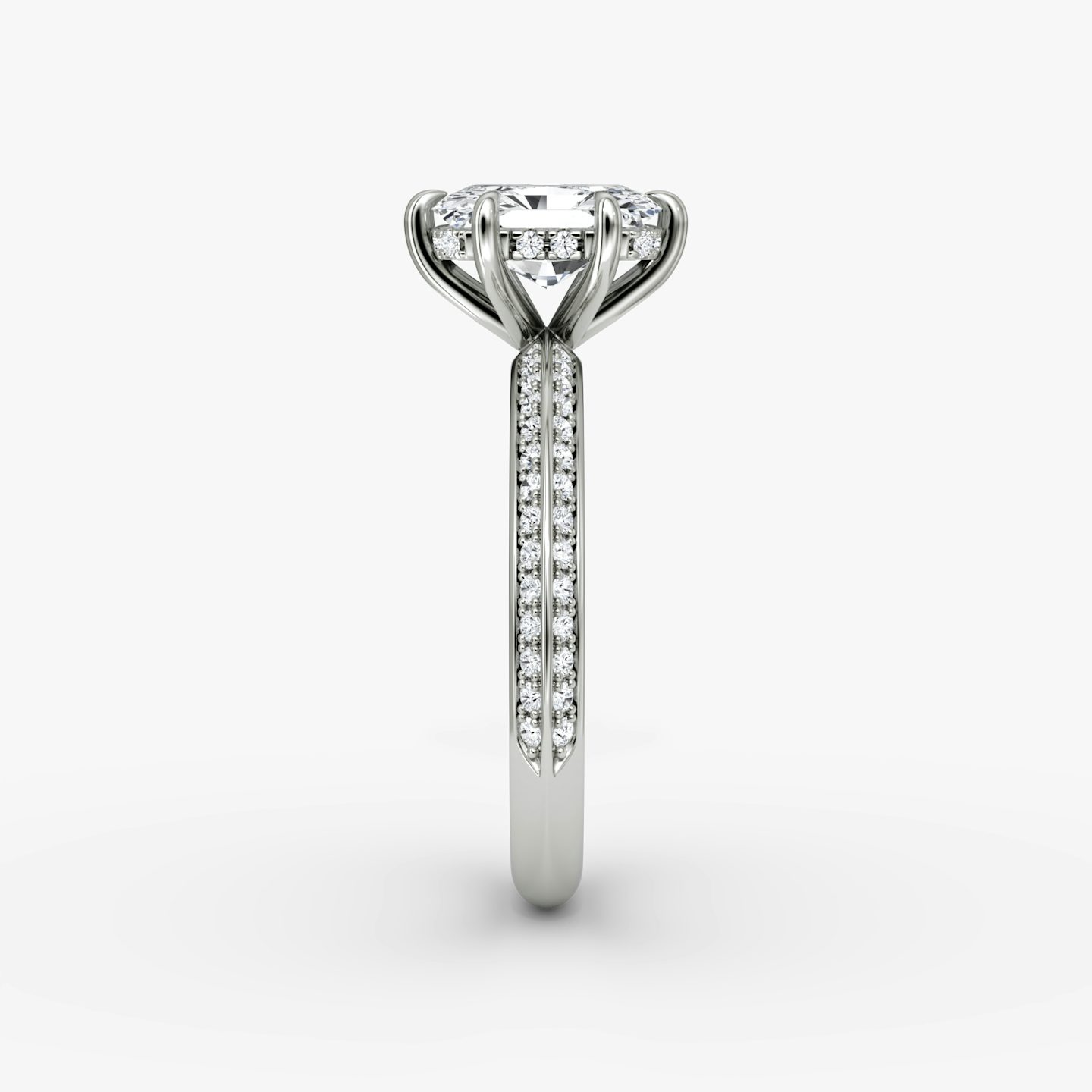The Knife-Edge | Radiant | 18k | 18k White Gold | Band: Pavé | Setting style: Hidden Halo | Diamond orientation: vertical | Carat weight: See full inventory