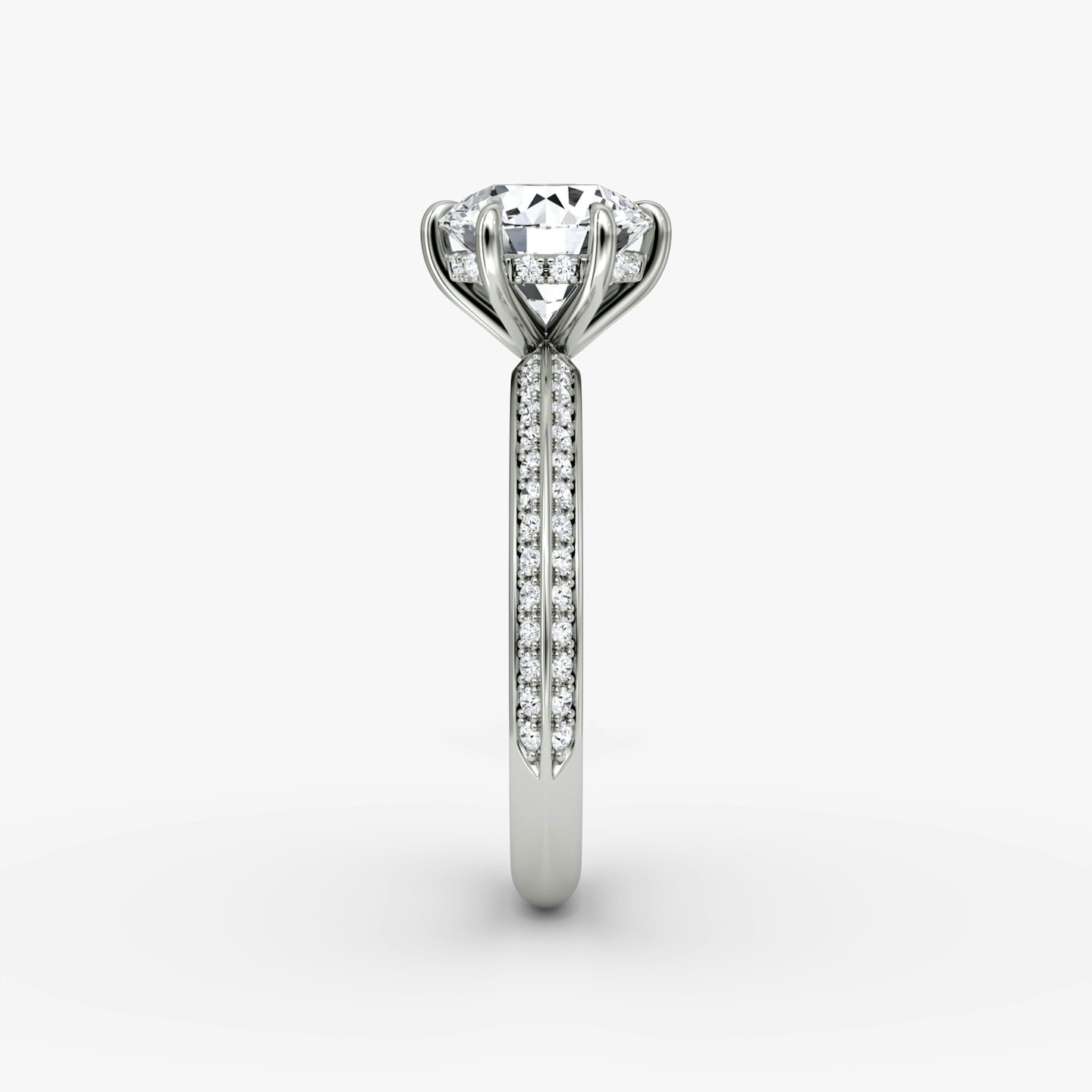 The Knife-Edge | Round Brilliant | Platinum | Band: Pavé | Setting style: Hidden Halo | Carat weight: See full inventory | Diamond orientation: vertical