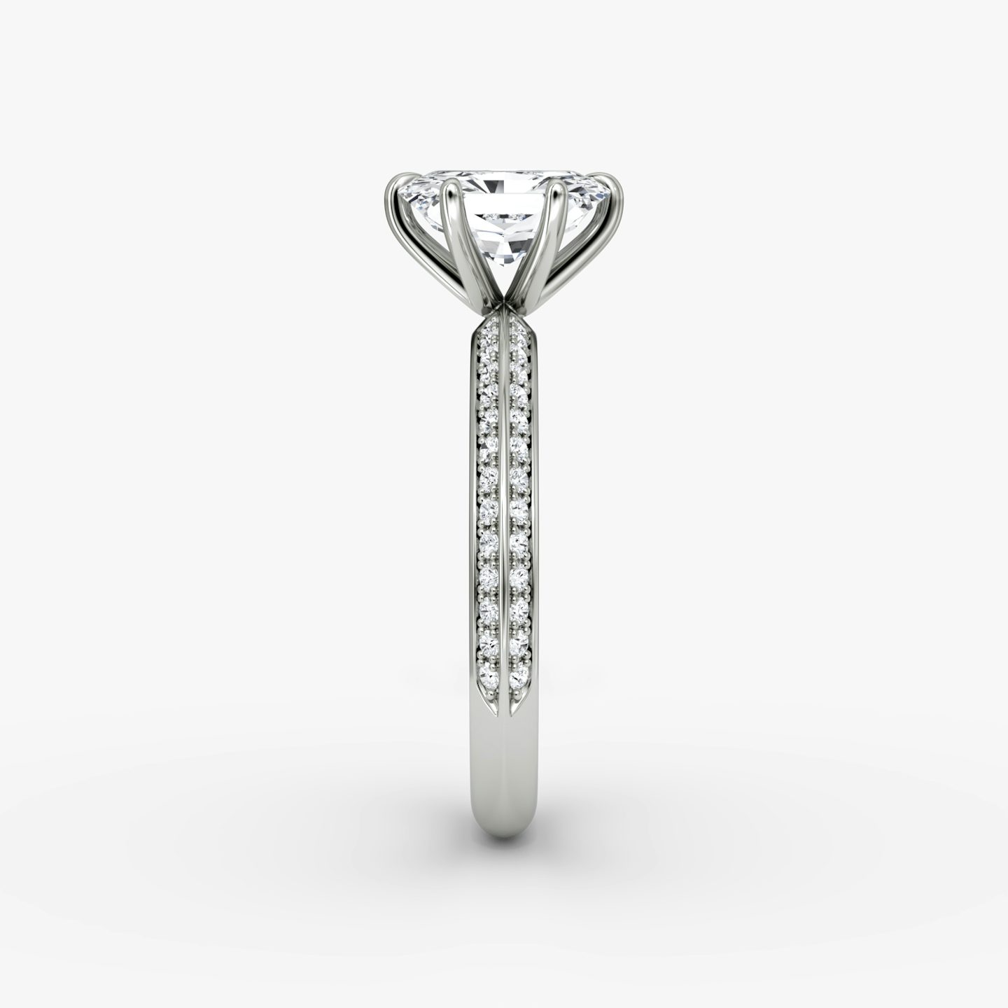 The Knife-Edge | Radiant | Platinum | Band: Pavé | Setting style: Plain | Diamond orientation: vertical | Carat weight: See full inventory