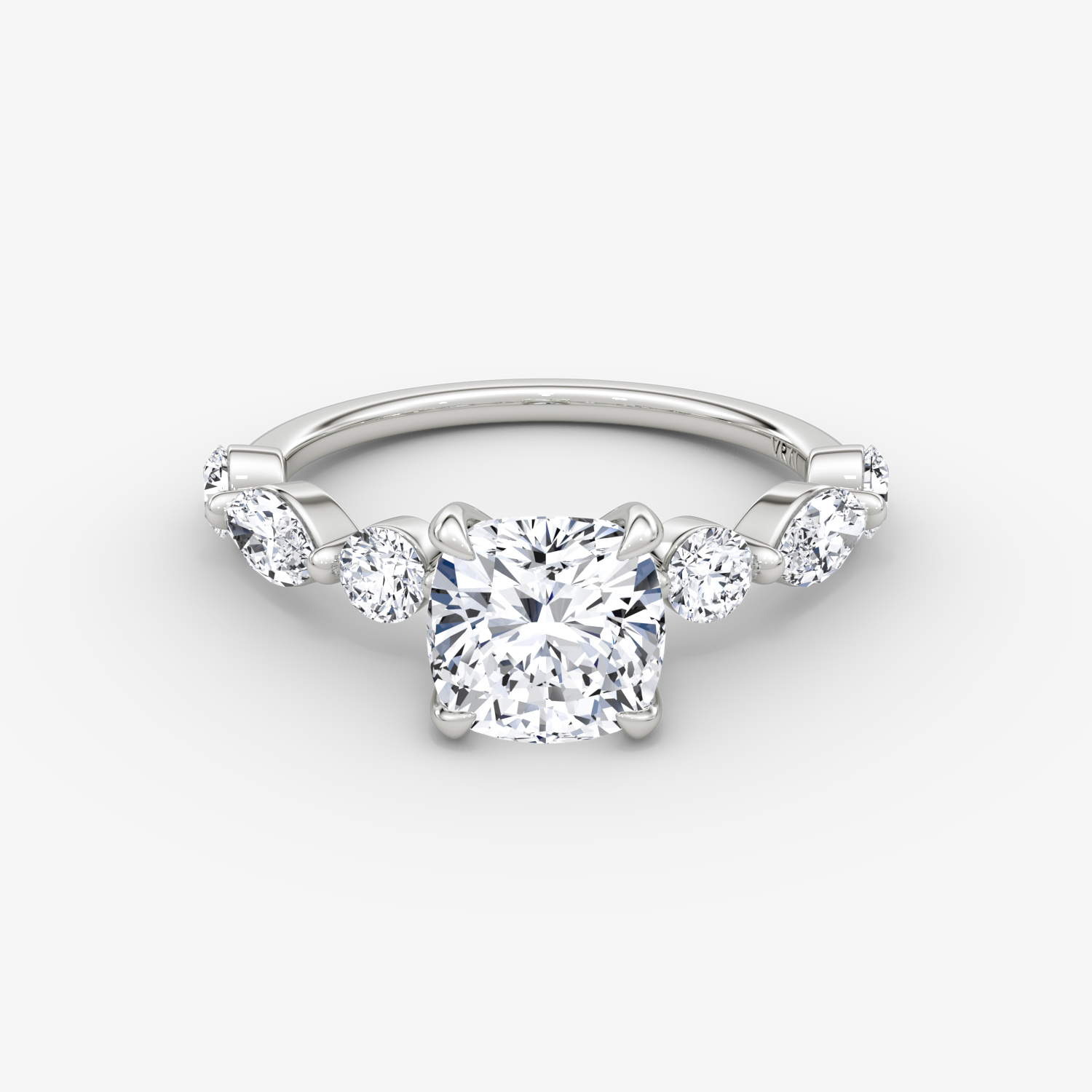 Mixed Shape Single Shared Prong Cushion Engagement Ring | 18k White Gold