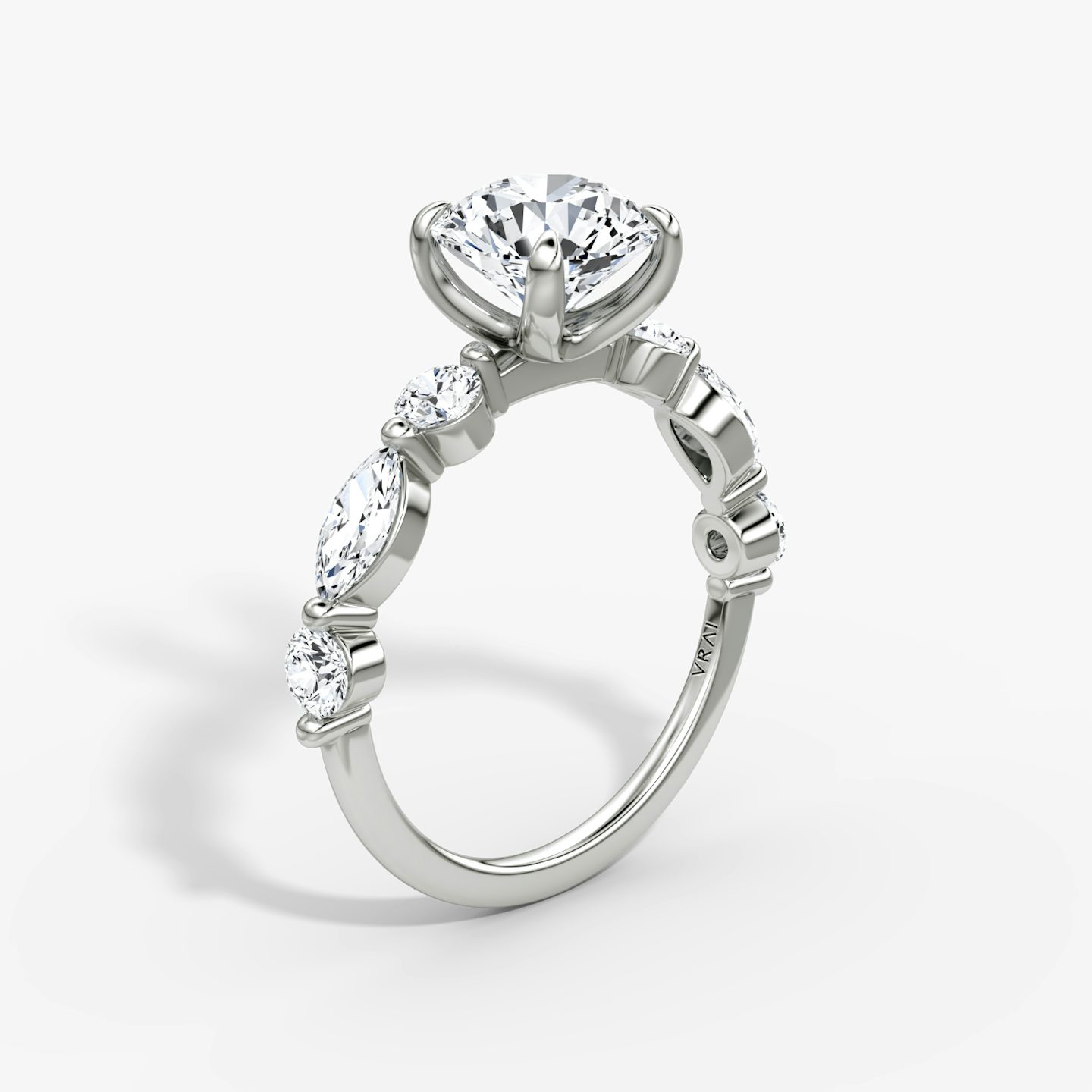 The Mixed Shape Single Shared Prong | Round Brilliant | 18k | 18k White Gold | Band: Plain | Carat weight: See full inventory | Diamond orientation: vertical