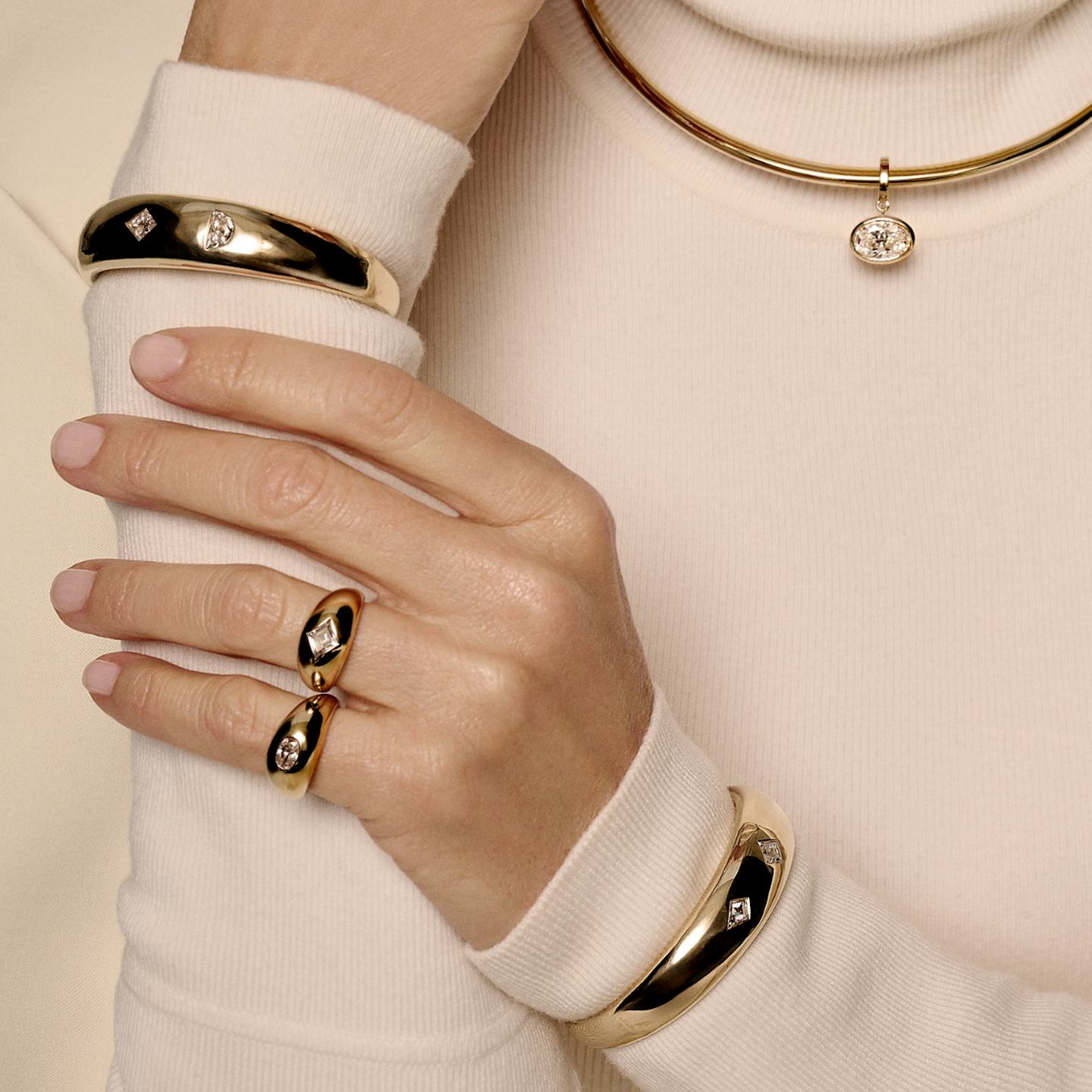 Dome Cuff Bracelet | Lozenge + Half Moon | 14k | 18k Yellow Gold | Wrist size: Medium