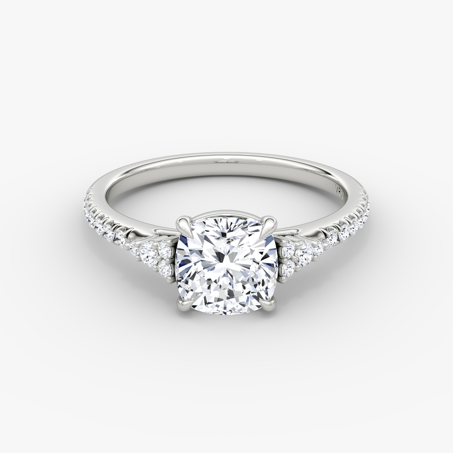 Side Cluster Cathedral Cushion Engagement Ring | 18k White Gold