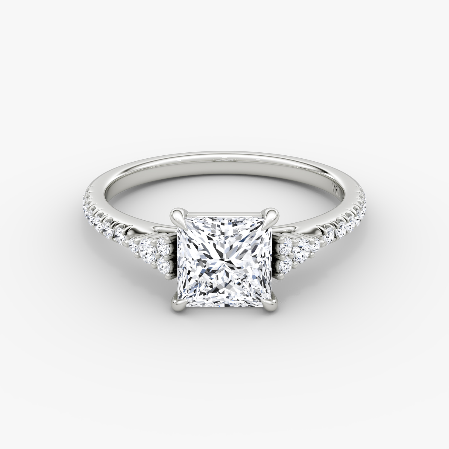 Side Cluster Cathedral Princess Engagement Ring | 18k White Gold
