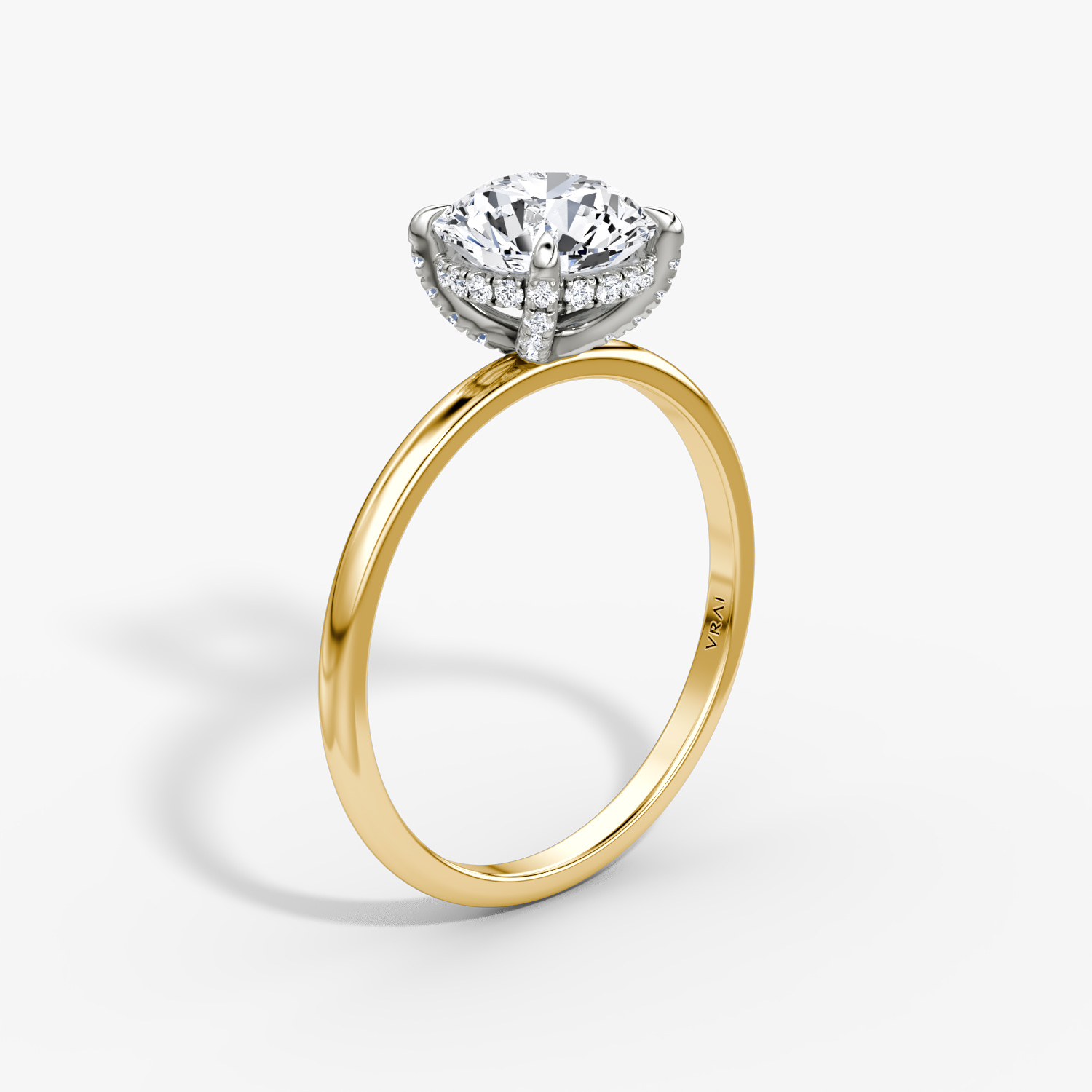 Classic Hidden Halo Round Brilliant Engagement Ring | 18k Yellow Gold and Platinum