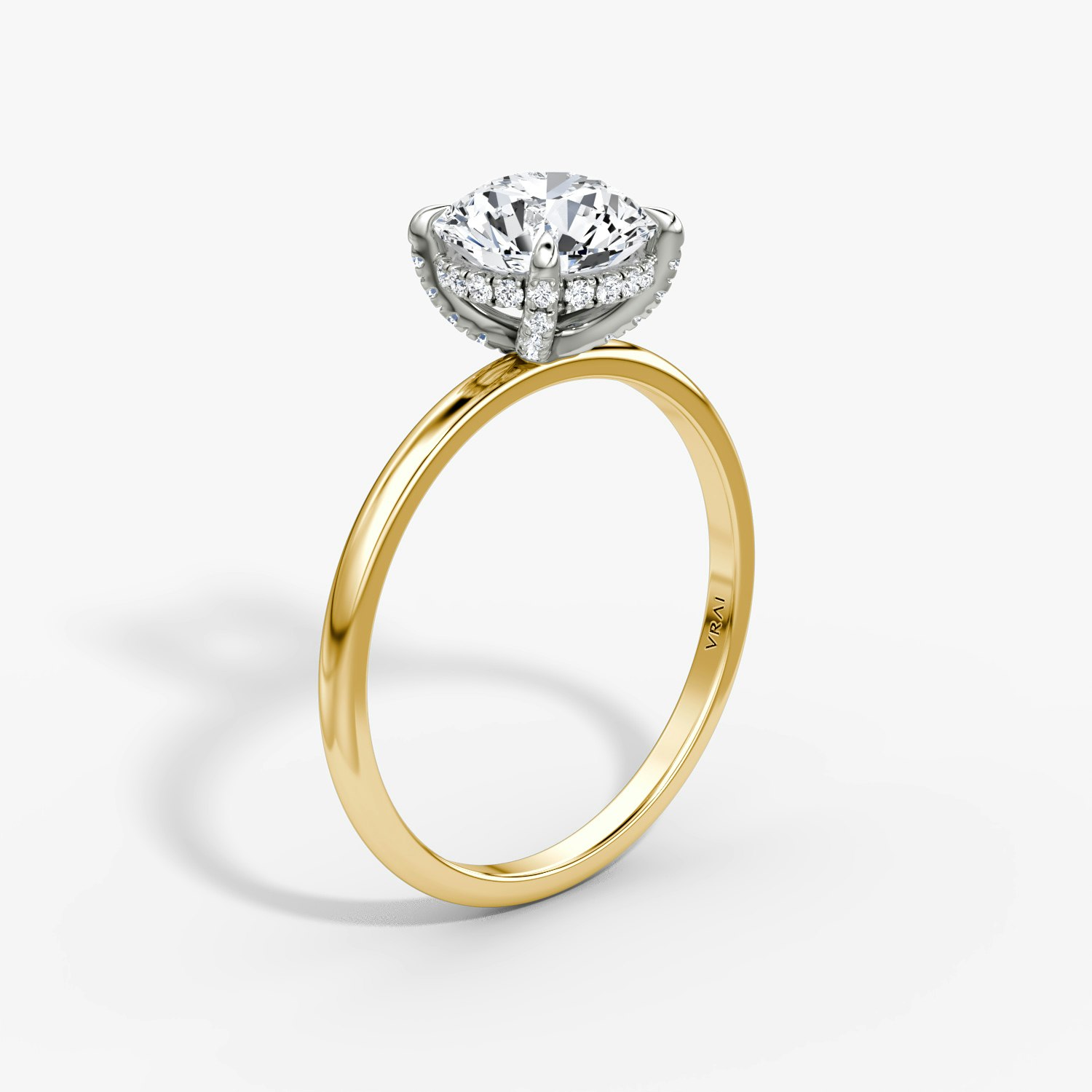 Classic Hidden Halo Round Brilliant Engagement Ring | 18k Yellow Gold and Platinum