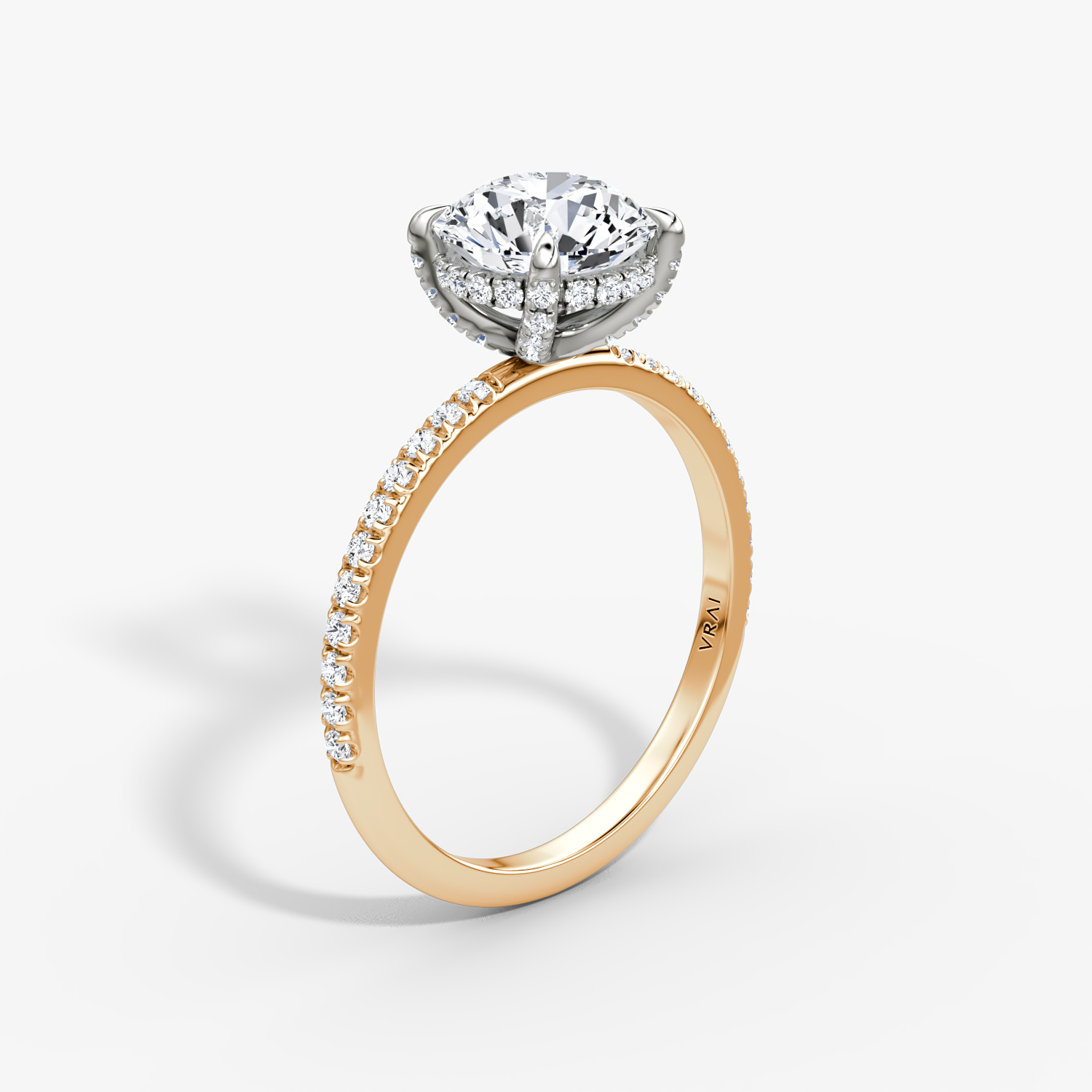 Classic Hidden Halo Round Brilliant Engagement Ring | 14k Rose Gold and Platinum